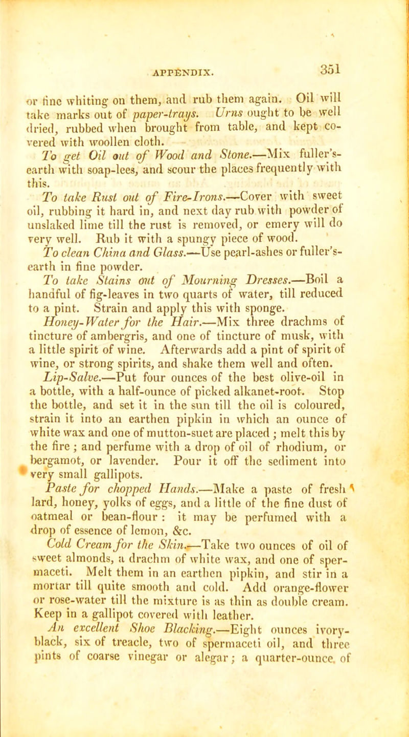 or tine whiting on them, and rub them again. Oil will take marks out of paper-trays. Urns ought to be well dried, rubbed when brought from table, and kept co- vered with woollen cloth. To get Oil out of Wood and Stone.—Mix fuller’s- earth with soap-lees, and scour the places frequently with this. To take Rust out of Fire-Irons.—Cover with sweet oil, rubbing it hard in, and next day rub with powder ot unslaked lime till the rust is removed, or emery will do very well. Rub it with a spungy piece of wood. To clean China and Glass.—Use pearl-ashes or fuller’s- earth in fine powder. To lake Stains out of Mourning Dresses.—Boil a handful of fig-leaves in two quarts of water, till reduced to a pint. Strain and apply this with sponge. Honey-Water for the Hair.—Mix three drachms of tincture of ambergris, and one of tincture of musk, with a little spirit of wine. Afterwards add a pint of spirit of wine, or strong spirits, and shake them well and often. Lip-Salve.—Put four ounces of the best olive-oil in a bottle, with a half-ounce of picked alkanet-root. Stop the bottle, and set it in the sun till the oil is coloured, strain it into an earthen pipkin in which an ounce of white wax and one of mutton-suet are placed ; melt this by the fire; and perfume with a drop of oil of rhodium, or bergamot, or lavender. Pour it off the sediment into * very small gallipots. Paste for chopped Hands.—Make a paste of fresli ' lard, honey, yolks of eggs, and a little of the fine dust of oatmeal or bean-flour : it may be perfumed with a drop of essence of lemon, &c. Cold Cream for the Skin.■—Take two ounces of oil of sweet almonds, a drachm of white wax, and one of sper- maceti. Melt them in an earthen pipkin, and stir in a mortar till quite smooth and cold. Add orange-flower or rose-water till the mixture is as thin as double cream. Keep in a gallipot covered with leather. An excellent Shoe Blacking.—Eight ounces ivory- black, six of treacle, two of spermaceti oil, and three pints of coarse vinegar or alegar; a quarter-ounce, of