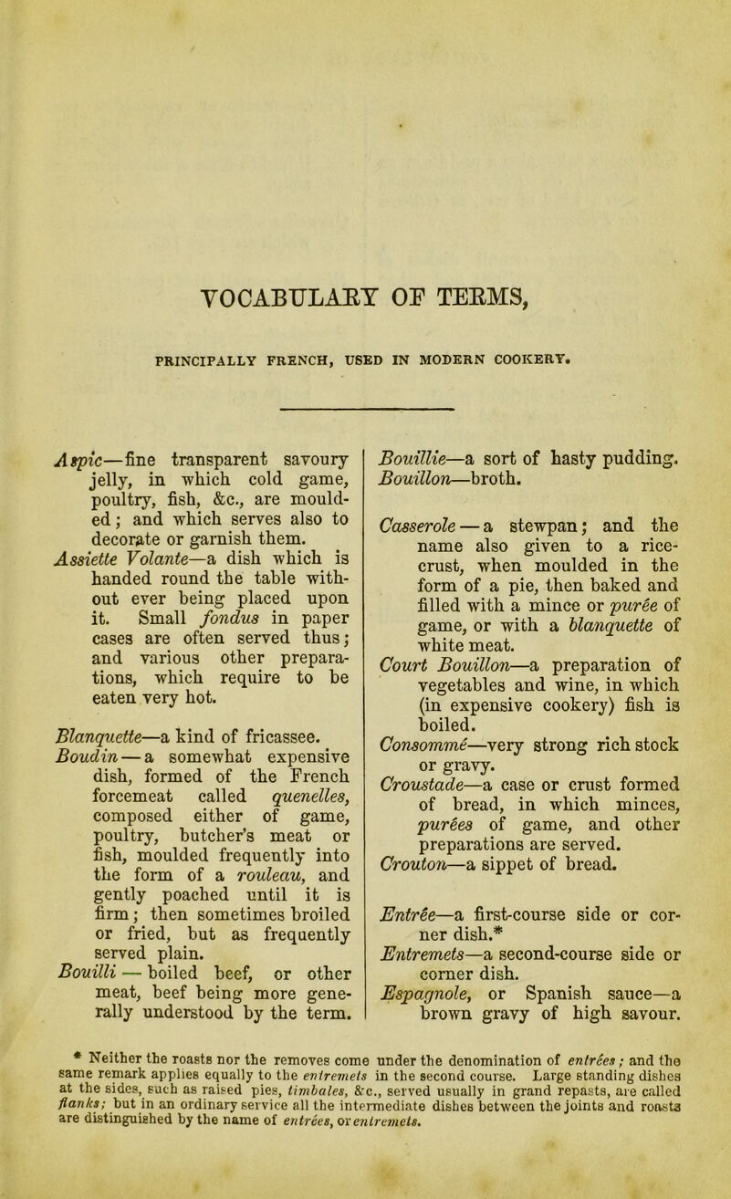 VOCABULARY OB TERMS, PRINCIPALLY FRENCH, USED IN MODERN COOKERY. Aspic—fine transparent savoury jelly, in 'which cold game, poultry, fish, &c., are mould- ed ; and which serves also to decorate or garnish them. Assiette Volante—a dish which is handed round the table with- out ever being placed upon it. Small fondus in paper cases are often served thus; and various other prepara- tions, which require to be eaten very hot. Blanquette—a kind of fricassee. Boudin — a somewhat expensive dish, formed of the French forcemeat called quenelles, composed either of game, poultry, butcher’s meat or fish, moulded frequently into the form of a rouleau, and gently poached until it is firm; then sometimes broiled or fried, but as frequently served plain. Bouilli — boiled beef, or other meat, beef being more gene- rally understood by the term. Bouillie—a sort of hasty pudding. Bouillon—broth. Casserole — a stewpan; and the name also given to a rice- crust, when moulded in the form of a pie, then baked and filled with a mince or puree of game, or with a blanquette of white meat. Court Bouillon—a preparation of vegetables and wine, in which (in expensive cookery) fish is boiled. Consomme—very strong rich stock or gravy. Croustade—a case or crust formed of bread, in which minces, purees of game, and other preparations are served. Crouton—a sippet of bread. Entree—a first-course side or cor- ner dish.* Entremets—a second-course side or corner dish. Espagnole, or Spanish sauce—a brown gravy of high savour. * Neither the roasts nor the removes come under the denomination of entrees; and the same remark applies equally to the entremets in the second course. Large standing dishes at the sides, such as raised pies, timbales, &-c., served usually in grand repasts, are called flanks; but in an ordinary service all the intermediate dishes between the joints and roosts are distinguished by the name of entrees, or entremets.