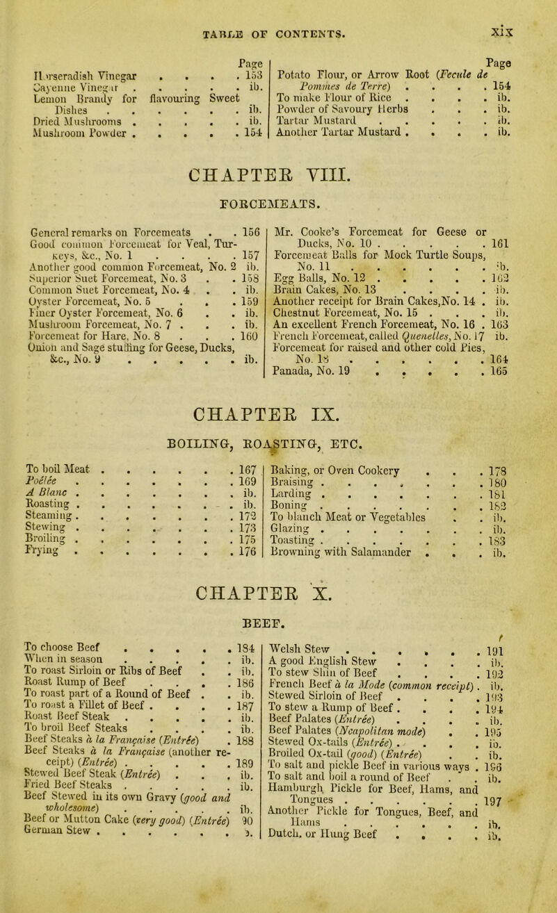 11 >rseradish Vinegar • • Page . 153 Cayenne Vinegar • . . . ib. Lemon Brandy for flavouring Sweet Dishes • • . . ib. Dried Mushrooms . • • . . ib. Mushroom Powder . • • . 154 Page Potato Flour, or Arrow Root (Fecule de P0m7it.es de Terre) .... 154 To make Flour of Rice .... ib. Powder of Savoury Herbs . . . ib. Tartar Mustard ib. Another Tartar Mustard . . . . ib. CHAPTER VIII. FOBCEMEATS. General remarks on Forcemeats . . 156 Good common Forcemeat for Veal, Tur- Keys, &c., No. 1 157 Another good common Forcemeat, No. 2 ib. Superior Suet Forcemeat, No. 3 . . 158 Common Suet Forcemeat, No. 4 . . ib. Oyster Forcemeat, No. 5 . . .159 liner Oyster Forcemeat, No. 6 . . ib. Mushroom Forcemeat, No. 7 . . . ib. Forcemeat for Hare, No. 8 . . .160 Onion and Sage stuffing for Geese. Ducks. &c., No. 9 Mr. Cooke’s Forcemeat for Geese or Ducks, No. 10 161 Forcemeat Balls for Mock Turtle Soups, No. 11 ;b. Egg Balls, No. 12 102 Brain Cakes, No. 13 . . . . ib. Another receipt for Brain Cakes,No. 14 . ib. Chestnut Forcemeat, No. 15 . . . ib. An excellent French Forcemeat, No. 16 . 163 French Forcemeat, called Quenelles, No. 17 ib. Forcemeat for raised and other cold Pies, To boil Meat Poelee A Blanc . Roasting . Steaming . Stewing . Broiling . Frying . . . . ib. No. 18 . 164 Panada, No. 19 .... . 165 CHAPTER IX. BOILING, ROASTING, ETC. . 167 Baking, or Oven Cookery . 178 . 169 Braising ...... . 180 . ib. Larding . 181 . ib. Boning . 182 . 172 To blanch Meat or Vegetables . ib. . 173 Glazing . ib. . . . 175 Toasting . 183 . . . 176 Browning with Salamander . . . ib. CHAPTER X. BEEF. To choose Beef . . . When in season To roast Sirloin or Ribs of Beef Roast Rump of Beef To roast part of a Round of Beef To roast a Fillet of Beef . Roast Beef Steak To broil Beef Steaks Beef Steaks a la Frangaise (Entrfe) Beef Steaks a la Frangaise (another re ceipt) (Entree) .... Stewed Beef Steak (Entree) . Fried Beef Steaks .... Beef Stewed in its own Gravy {good and wholesome) Beef or Mutton Cake {eery good) {Entree) German Stew . . . . ' 184 ib. ib. 186 ib. 187 ib. ib. 188 189 ib. ib. ib. 90 b. Welsh Stew ...... A good English Stew . . . . To stew Shin of Beef . French Beef a. la Mode {common receipt). Stewed Sirloin of Beef . To stew a Rump of Beef . Beef Palates {Entree) . Beef Palates {Neapolitan mode) . Stewed Ox-tails {Entree) . Broiled Ox-tail (good) {Entree) To salt and pickle Beef in various ways . To salt and boil a round of Beef Hamburgh Pickle for Beef, Hams, and Tongues Another Pickle for Tongues, Beef, and Hams t 191 ib. 192 ib. 193 194 ib. 195 ib. ib. 196 ib. 197 ib.