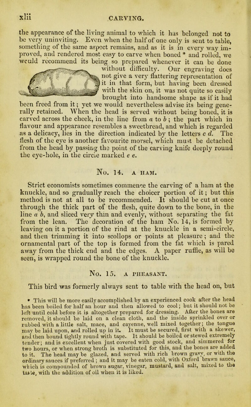 the appearance of the living animal to which it has belonged not to be very uninviting. Even when the half of one only is sent to table, something of the same aspect remains, and as it is in every way im- proved, and rendered most easy to carve when boned * and rolled, we wculd recommend its being so prepared whenever it can be done without difficulty. Our engraving does not give a very flattering representation of it in that form, but having been dressed with the skin on, it was not quite so easily brought into handsome shape as if it had been freed from it; yet we would nevertheless advise its being gene- rally retained. When the head is served without being boned, it is carved across the cheek, in the line from a to b ; the part which in flavour and appearance resembles a sweetbread, and which is regarded as a delicacy, lies in the direction indicated by the letters c d. The flesh of the eye is another favourite morsel, which must be detached from the head by passing the point of the carving knife deeply round the eye-hole, in the circle marked e e. No. 14. A HAM. Strict economists sometimes commence the carving of a ham at the knuckle, and so gradually reach the choicer portion of it; but this method is not at all to be recommended. It should be cut at once through the thick part of the flesh, quite down to the bone, in the line a b, and sliced very thin and evenly, without separating the fat from the lean. The decoration of the ham No. 14, is formed by leaving on it a portion of the rind at the knuckle in a semi-circle, and then trimming it into scollops or points at pleasure ; and the ornamental part of the top is formed from the fat which is pared away from the thick end and the edges. A paper ruffle, as will be seen, is wrapped round the bone of the knuckle. No. 15. A PHEASANT. Thi9 bird was formerly always sent to table with the bead on, but * This will be more easily accomplished by an experienced cook after the head has been boiled for half an hour and then allowed to cool; but it should not be left until cold before it is altogether prepared for dressing. After the bones are removed, it should be laid on a clean cloth, and the inside sprinkled over or rubbed with a little salt, mace, and cayenne, well mixed together; the tongue may be laid upon, and rolled up in it. It must be secured, first with a skewer, and then bound tightly round with tape. It should be boiled or stewed extremely tender; and is excellent when just covered with good stock, and simmered for two hours, or when strong broth is substituted for this, and the bones are added to it. The head may be glazed, and served with rich brown gray).', or with the ordinary sauces if preferred ; and it may be eaten cold, with Oxtord brawn sauce, wliich is compounded of brown sugar, vinegar, mustard, and salt, mixed to the taite, with the addition of oil when it is liked.