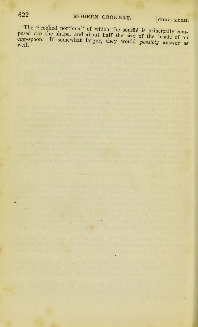 [ciIAZ*. XXXII. The cooked portions ' of which the souffle is principally com- posed are the shape, and about half the size of the inside^ of an egg-spoon. If somewhat larger, they would possibly answer as