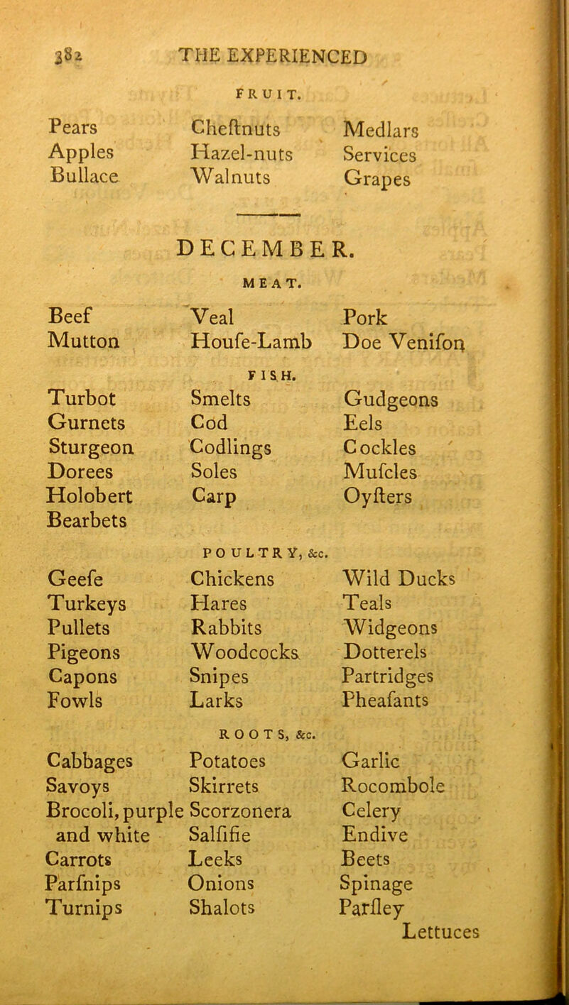 fruit. Pears Cheftnuts Medlars Apples Hazel-nuts Services Bullace Walnuts Grapes DECEMBER. Beef MEAT. Veal Pork Mutton Houfe-Lamb Doe Venifoa Turbot F I S H. Smelts Gudgeons Gurnets Cod Eels Sturgeon Codlings Cockles Dorees Soles Mufcles Holobert Carp Oyfters Bearbets Geefe POULTRY, &c. Chickens Wild Ducks Turkeys Hares Teals Pullets Rabbits Widgeons Pigeons Woodcocks, Dotterels Capons Snipes Partridges Fowls Larks Pheafants Cabbages ROOTS, &c. Potatoes Garlic Savoys Skirrets Rocombole Brocoli, purple Scorzonera Celery and white Sal fi fie Endive Carrots Leeks Beets Parfnips Onions Spinage Turnips Shalots Parfley Lettuces