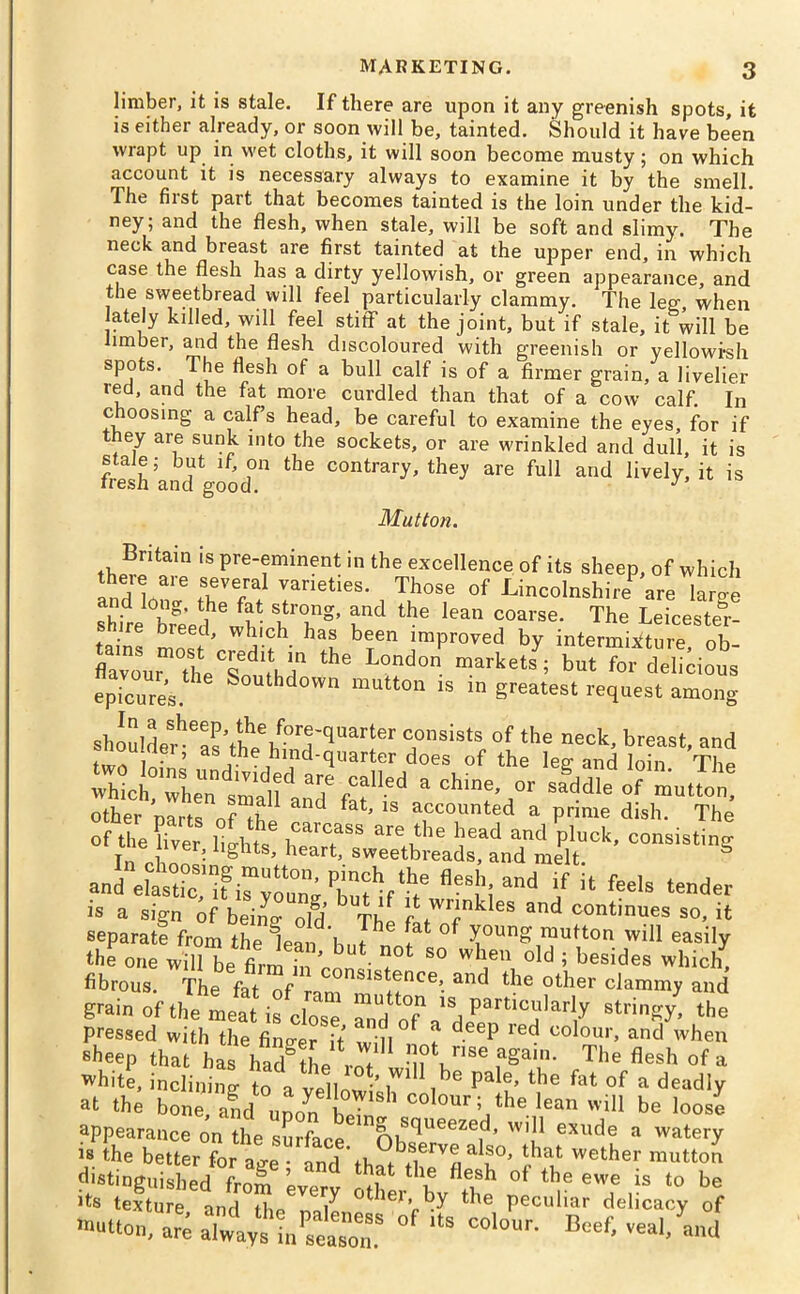 limber, it is stale. If there are upon it any greenish spots, it is either already, or soon will be, tainted. Should it have be’en wrapt up in wet cloths, it will soon become musty; on which account it is necessary always to examine it by the smell. The first part that becomes tainted is the loin under the kid- ney; and the flesh, when stale, will be soft and slimy. The neck and breast are first tainted at the upper end, in which case the flesh has a dirty yellowish, or green appearance, and the sweetbread will feel particularly clammy. The leg, when lately killed, will feel stiff at the joint, but if stale, it will be limber, and the flesh discoloured with greenish or yellowish spots. The flesh of a bull calf is of a firmer grain, a livelier red, and the fat more curdled than that of a cow calf. In choosing a calf’s head, be careful to examine the eyes, for if ey are sunk into the sockets, or are wrinkled and dull, it is S;aXl°n C°ntrary’ thCy ^ fU“ ad liVEly' U  Mutton. th™ tam 'S Pre“?rmnent m the excellence of its sheep, of which Ind TT! ?TKtKS- , T,h0Se 0f Lincolnshire are large shfre bree |h il • IT®’ f' T leau coarse- The Leicester- tains „ ha8 bfn improved by intermixture, ob- u1 the London markets; but for delicious epicures Southdown mutton rs in greatest request among shoulderheasVi!lehf°ri'qnarter T8’8'8 of the neck. hreast, and , • hind-quarter does of the leg and loin Tho whU0,wheUn'tainlTfT'ed 8 Ch‘ne’ OT aaddk of° muuon! other parts of X 1 d fat’ 1S accounted a prime dish. The of the liver lights wT? ^ ®.nd pluck’ consistinS In rlinn ; ^ ltS’ heart> Sweetbreads, and melt. and ehstL,TiTLng tuft “d 'I U feels *«*» separate from the lean b, t h °f ^oun^ rautton will easily the one will be fiJh ’ ? S° wheu old 5 besides which, fibrous. The fat COnsist+ence>. and the other clammy and grain of the meat itfclose ***** the pressed with the finn-pr ;+ ' n a deep led colour, and when sheep that has had the ‘ , Tt8* ,agai- T|m Hash of a white, inclining to a vel w’l,be pE e’ the fat of a deadly at the bo«ra!d noon co,our- «he lean will be loose appearance on the surface * squeezed, will exude a watery is the better for aa-e - and it, bserva a|a°. that wether mutton distinguished fro® ’every X £ X °f T e« Is Its texture and fbn / tiei, by the peculiar delicacy of mutton, are °f '* C°1‘>Ur’ D<^