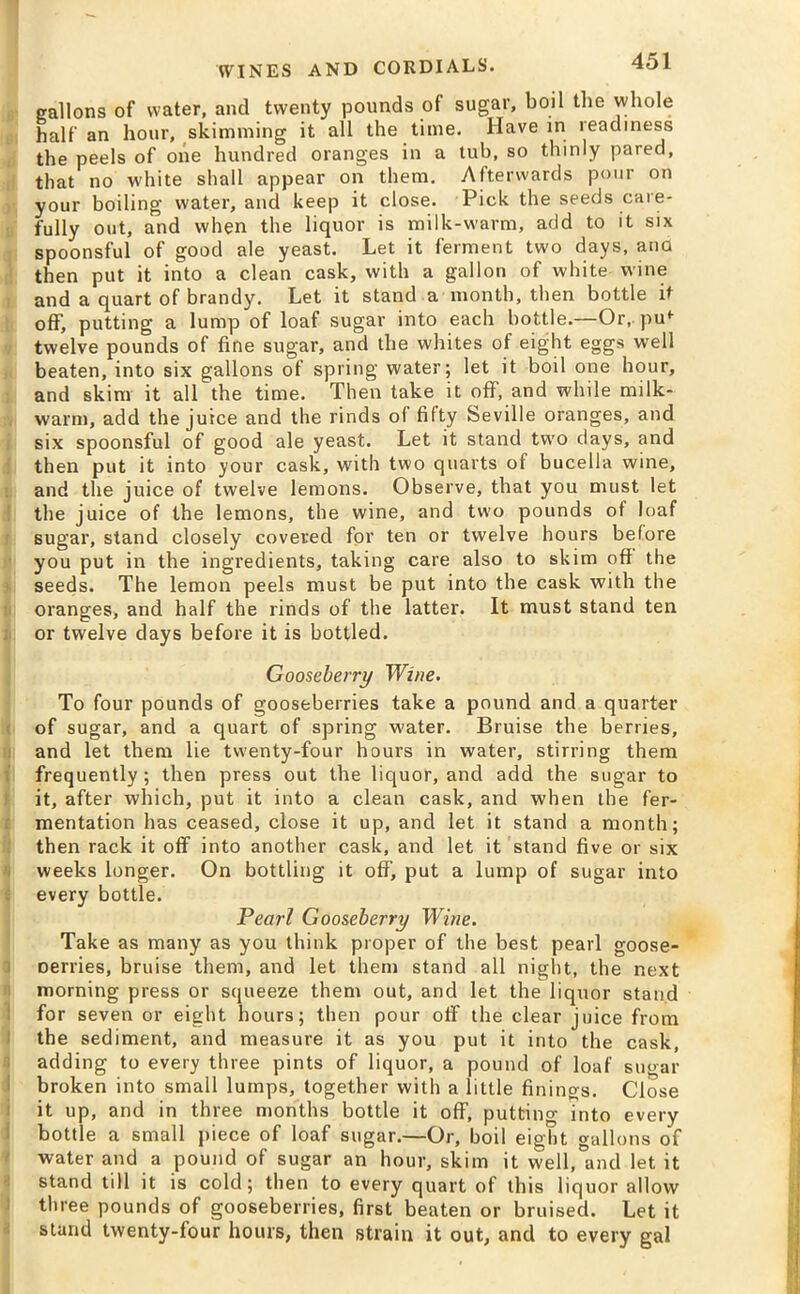 gallons of water, and twenty pounds of sugar, boil the whole half an hour, skimming it all the time. Have in readiness the peels of one hundred oranges in a tub, so thinly pared, that no white shall appear on them. Afterwards pour on your boiling water, and keep it close. Pick the seeds care- fully out, and when the liquor is milk-warm, add to it six spoonsful of good ale yeast. Let it ferment two days, ana then put it into a clean cask, with a gallon of white wine and a quart of brandy. Let it stand a month, then bottle it off, putting a lump of loaf sugar into each bottle.—Or, puf twelve pounds of fine sugar, and the whites of eight eggs well beaten, into six gallons of spring water; let it boil one hour, and skim it all the time. Then take it off, and while milk- warm, add the juice and the rinds o( fifty Seville oranges, and six spoonsful of good ale yeast. Let it stand two days, and then put it into your cask, with two quarts of bucella wine, and the juice of twelve lemons. Observe, that you must let the juice of the lemons, the wine, and two pounds of loaf sugar, stand closely covered for ten or twelve hours before you put in the ingredients, taking care also to skim off the seeds. The lemon peels must be put into the cask with the oranges, and half the rinds of the latter. It must stand ten or twelve days before it is bottled. Gooseberry Wine. To four pounds of gooseberries take a pound and a quarter of sugar, and a quart of spring water. Bruise the berries, and let them lie twenty-four hours in water, stirring them frequently; then press out the liquor, and add the sugar to it, after which, put it into a clean cask, and when the fer- mentation has ceased, close it up, and let it stand a month; then rack it off into another cask, and let it stand five or six weeks longer. On bottling it off, put a lump of sugar into every bottle. Pearl Gooseberry Wine. Take as many as you think proper of the best pearl goose- Derries, bruise them, and let them stand all night, the next morning press or squeeze them out, and let the liquor stand for seven or eight hours; then pour off the clear juice from the sediment, and measure it as you put it into the cask, adding to every three pints of liquor, a pound of loaf sugar broken into small lumps, together with a little finings. Close it up, and in three months bottle it off, putting into every bottle a small piece of loaf sugar.—Or, boil eight gallons of water and a pound of sugar an hour, skim it w'ell,°and let it stand till it is cold; then to every quart of this liquor allow three pounds of gooseberries, first beaten or bruised. Let it stand twenty-four hours, then strain it out, and to every gal