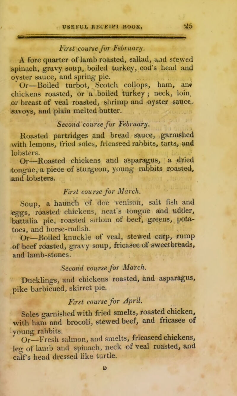 First course for February. A fore quarter of lamb roasted, sallad, and stewed spinach, gravy soup, boiled turkey, cod's head and oyster sauce, and spring pic. Or—Boiled turbot, Scotch collops, ham, anv chickens roasted, or a boiled turkey j neck, loin or breast of veal roasted, shrimp and oyster sauce, savoys, and plain melted butter. Second course for February. Roasted partridges and bread sauce, garnished with lemons, fried soles, fricaseed rabbits, tarts, and lobsters. Or—Roasted chickens and asparagus, a dried tongue, a piece of sturgeon, young rabbits roasted, and lobsters. First course for March. Soup, a haunch of doe venison, salt fish and eggs, roasted chickens, neat’s tongue and udder, battalia pie, roasted sirloin of beef, greens, pota- toes, and horse-radish. , I Or—Boiled knuckle of veal, stewed carp, rump of beef roasted, gravy soup, fricasee of sweetbreads, and lamb-stones. Second course for March. Ducklings, and chickens roasted, and asparagus, pike barbicucd, skirret pie. First course for April. Soles garnished with fried smelts, roasted chicken, with ham and brocoli, stewed beef, and fricasee of voung rabbits. Or—Fresh salmon, and smelts, fricaseed chickens, leg of lamb and spinach, neck of veal roasted, and calf’s head dressed like turtle.