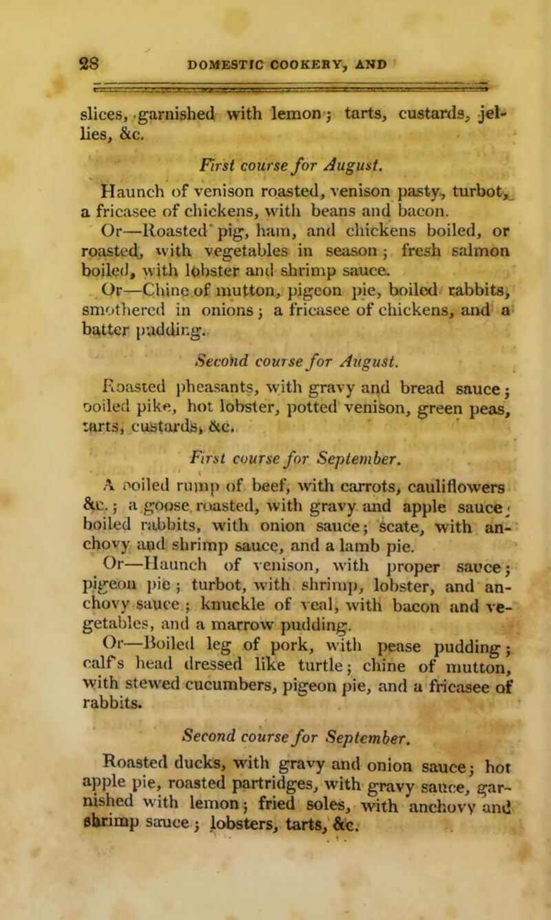 slices, garnished with lemon ; tarts, custards, jel- lies, &c. First course for August. Haunch of venison roasted, venison pasty, turbot, a fricasee of chickens, with beans and bacon. Or—Roasted' pig, ham, and chickens boiled, or roasted, ^vith vegetables in season ; fresh salmon boiled, with lobster and shrimp sauce. Or—Chine of mutton, pigeon pie, boiled rabbits, smothered in onions ; a fricasee of chickens, and a batter pudding. Second course for August. Roasted pheasants, with gravy and bread sauce ; ooiled pike, hot lobster, potted venison, green peas, tarts, custards, &c. First course for September. * « •- 1 1 t A ooiled rump of beef, with carrots, cauliflowers &c.j a goose roasted, with gravy and apple sauce • boiled rabbits, with onion sauce; scate, with an- chovy and shrimp sauce, and a lamb pie. Or—Haunch of venison, with proper sauce; pigeon pie ; turbot, with shrimp, lobster, and an- chovy sauce ; knuckle of veal, with bacon and ve- getables, and a marrow pudding. Or—Roiled leg of pork, with pease pudding; calf's head dressed like turtle; chine of mutton, with stewed cucumbers, pigeon pie, and a fricasee of rabbits. Second course for September. Roasted ducks, with gravy and onion sauce; hot apple pie, roasted partridges, with gravy sauce, gar- nished with lemon; fried soles, with anchovy ami shrimp sauce ; lobsters, tarts, &c.