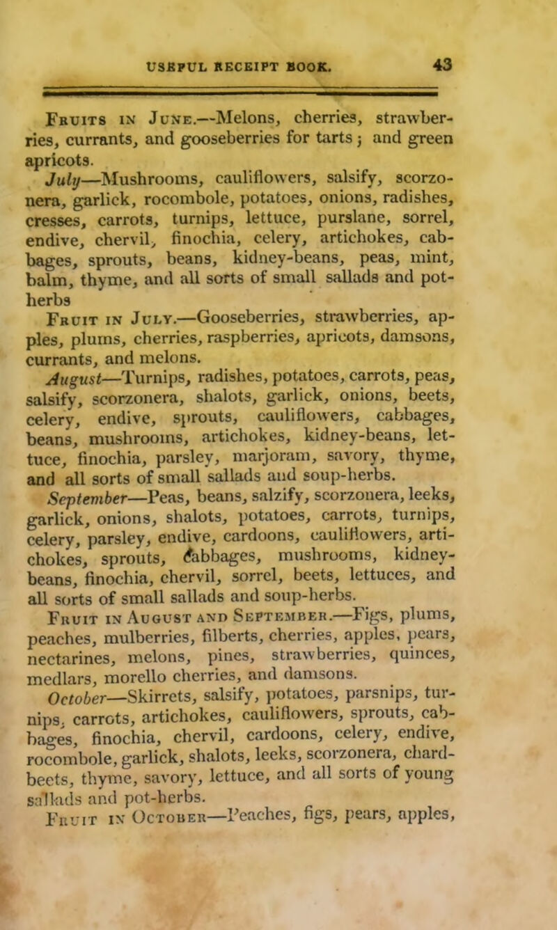 Fruits in June.—Melons, cherries, strawber- ries, currants, and gooseberries for tarts j and green apricots. July—Mushrooms, cauliflowers, salsify, scorzo- nera, garlick, rocombole, potatoes, onions, radishes, cresses, carrots, turnips, lettuce, purslane, sorrel, endive, chervil, finochia, celery, artichokes, cab- bages, sprouts, beans, kidney-beans, peas, mint, balm, thyme, and all sorts of small sallads and pot- herbs Fruit in July.—Gooseberries, strawberries, ap- ples, plums, cherries, raspberries, apricots, damsons, currants, and melons. August—Turnips, radishes, potatoes, carrots, peas, salsify, scorzonera, shalots, garlick, onions, beets, celery, endive, sprouts, cauliflowers, cabbages, beans, mushrooms, artichokes, kidney-beans, let- tuce, finochia, parsley, marjoram, savory, thyme, and all sorts of small sallads and soup-herbs. September—Peas, beans, salzify, scorzonera, leeks, garlick, onions, shalots, potatoes, carrots, turnips, celery, parsley, endive, cardoons, cauliflowers, arti- chokes, sprouts, Cabbages, mushrooms, kidney- beans, finochia, chervil, sorrel, beets, lettuces, and all sorts of small sallads and soup-herbs. Fruit in August and September.—Figs, plums, peaches, mulberries, filberts, cherries, apples, pears, nectarines, melons, pines, strawberries, quinces, medlars, morello cherries, and damsons. October—Skirrets, salsify, potatoes, parsnip^, tur- nips. carrots, artichokes, cauliflowers, sprouts, cab- bages, finochia, chervil, cardoons, celery, endi\e, rocombole, garlick, shalots, leeks, scoizonera, chard- beets, thyme, savory, lettuce, and all sorts of young sallads and pot-herbs. Fruit in October—Teaches, figs, pears, apples,