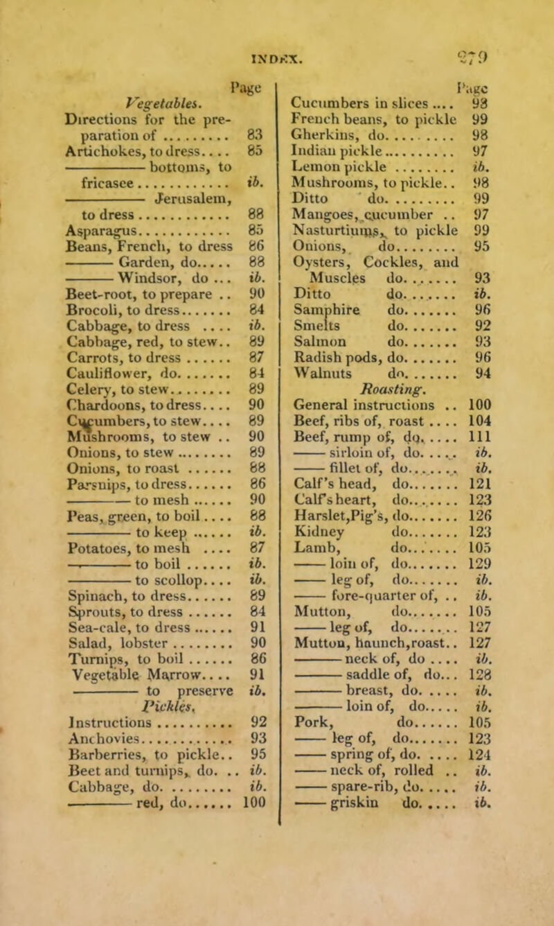 IXDriX. ■•279 Page Vegetables. Directions for the pre- paration of 83 Artichokes, to dress 83 bottoms, to fricasee ib. Jerusalem, to dress 88 Asparagus 85 Beans, French, to dress 86 Garden, do 88 Windsor, do... ib. Beet-root, to prepare .. 90 Brocoli, to dress 84 Cabbage, to dress .... ib. Cabbage, red, to stew.. 89 Carrots, to dress 87 Cauliflower, do 84 Celery, to stew. 89 Chardoons, to dress.... 90 Clumbers, to stew 89 Mushrooms, to stew .. 90 Onions, to stew 89 Onions, to roast 88 Parsnips, to dress 86 to mesh 90 Peas, green, to boil.... 88 to keep ib. Potatoes, to mesh .... 87 — to boil ib. to scollop.... ib. Spinach, to dress 69 Sprouts, to dress 84 Sea-cale, to dress 91 Salad, lobster 90 Turnips, to boil 86 Vegetable Marrow.... 91 ■ to preserve ib. Vickies. Instructions 92 Anchovies 93 Barberries, to pickle.. 95 Beet and turnips* do. .. ib. Cabbage, do ib. - red, do...... 100 Page Cucumbers in slices .... 98 French beans, to pickle 99 Gherkins, do 98 Indian pickle 97 Lemon pickle ib. Mushrooms, to pickle.. 98 Ditto do 99 Mangoes,,cucumber .. 97 Nasturtiums* to pickle 99 Onions, do 95 Oysters, Cockles, and Musclps do. ...... 93 Ditto do. ...... ib. Samphire do 96 Smelts do 92 Salmon do 93 Radish pods, do 96 Walnuts do 94 Roasting. General instructions .. 100 Beef, ribs of, roast .... 104 Beef, rump of, dm .... Ill sirloin of, do. .. .„. ib. fillet of, do...... „ ib. Calf’s head, do 121 Calf’s heart, do....... 123 Harslet,Pig’s, do 126 Kidney do 123 Lamb, do...'.... 105 loin of, do 129 leg of, do ib. fore-quarter of, .. ib. Mutton, do....... 105 leg of, do ... 127 Mutton, haunch,roast.. 127 neck of, do .... ib. saddle of, do... 128 breast, do ib. loin of, do ib. Pork, do 105 leg of, do 123 spring of, do 124 neck of, rolled .. ib. spare-rib, do ib. griskin do ib.