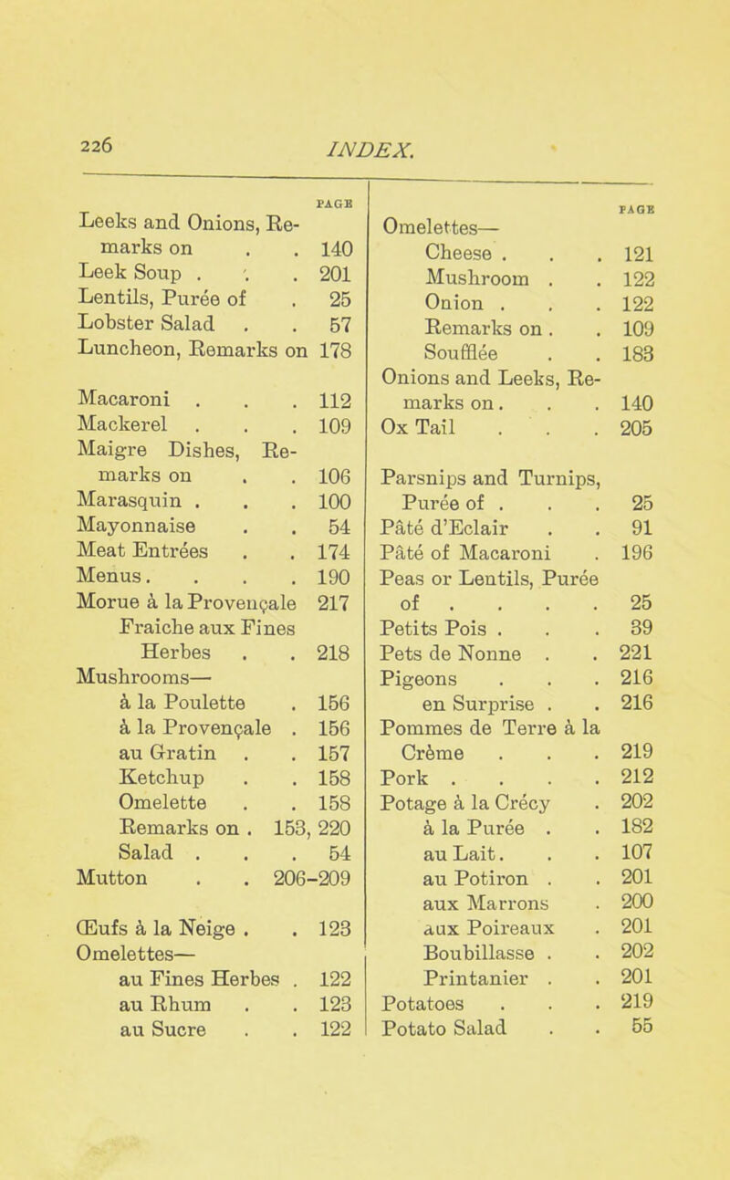 Leeks and Onions, Re- marks on Leek Soup . Lentils, Puree of Lobster Salad Luncheon, Remarks on Macaroni . Mackerel Maigre Dishes, Re- marks on Marasquin . Mayonnaise Meat Entrees Menus.... Morue k la Proveuqale Fraiche aux Fines Herbes Mushrooms— a la Poulette & la Provenqale . au Gratin Ketchup Omelette Remarks on . 153, Salad . Mutton . . 206- CEufs & la Neige . Omelettes— au Fines Herbes . au Rhum au Sucre PAGE Omelettes— Cheese . 121 Mushroom . 122 Onion . 122 Remarks on . 109 Soufflee 183 Onions and Leeks, Re- marks on. 140 Ox Tail 205 Parsnips and Turnips, Puree of . 25 Pate d’Eclair 91 Pate of Macaroni 196 Peas or Lentils, Puree of ... 25 Petits Pois . 39 Pets de Nonne . 221 Pigeons 216 en Surprise . 216 Pommes de Terre a la Cr&me 219 Pork .... 212 Potage k la Crecy 202 a la Puree . 182 au Lait. 107 au Potiron . 201 aux Marrons 200 aux Poireaux 201 Boubillasse . 202 Printanier . 201 Potatoes 219 Potato Salad 55 PAGE 140 201 25 57 178 112 109 106 100 54 174 190 217 218 156 156 157 158 158 220 54 -209 123 122 123 122