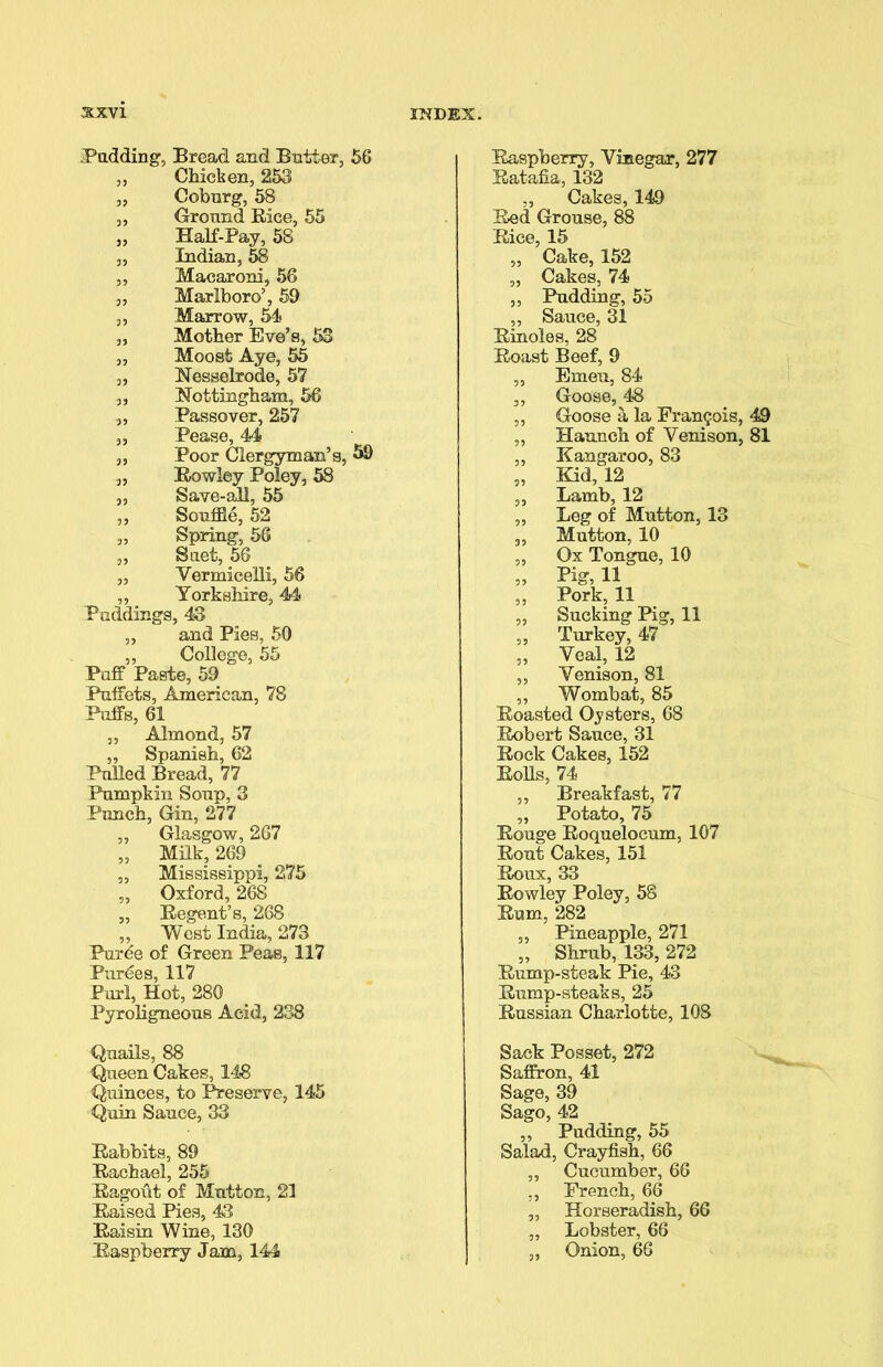 Padding, Bread and Batter, 56 „ Chicken, 253 „ Coburg, 58 „ Ground Rice, 55 „ Half-Pay, 58 ,, Indian, 58 ,, Macaroni, 56 3, Marlboro’, 59 3, Marrow, 54 „ Mother Eve’s, 53 „ Moost Aye, 55 3, Nesselrode, 57 3, Nottingham, 56 3, Passover, 257 „ Pease, 44 3, Poor Clergyman’s, 59 „ Rowley Poley, 58 „ Save-all, 55 ,, Souffle, 52 „ Spring, 56 ,, Suet, 56 „ Vermicelli, 56 „ Yorkshire, 44 Puddings, 43 „ and Pies, 50 „ College, 55 Puff Paste, 59 Puffets, American, 78 Puffs, 61 „ Almond, 57 „ Spanish, 62 Puled Bread, 77 Pumpkin Soup, 3 Punch, Gin, 277 ,, Glasgow, 267 „ Milk, 269 „ Mississippi, 275 „ Oxford, 268 „ Regent’s, 268 ,, West India, 273 Puree of Green Peas, 117 Purges, 117 Purl, Hot, 280 Pyroligneous Acid, 238 Raspberry, Vinegar, 277 Ratafia, 132 „ Cakes, 149 Red Grouse, 88 Rice, 15 „ Cake, 152 „ Cakes, 74 „ Pudding, 55 „ Sauce, 31 Rinoles, 28 Roast Beef, 9 „ Emeu, 84 „ Goose, 48 ,, Goose a la Francois, 49 ,, Haunch of Venison, 81 ,, Kangaroo, 83 „ Kid, 12 „ Lamb, 12 „ Leg of Mutton, 13 3, Mutton, 10 „ Ox Tongue, 10 „ Pig, 11 „ Pork, 11 „ Sucking Pig, 11 ,, Turkey, 47 „ Veal, 12 ,, Venison, 81 ,, Wombat, 85 Roasted Oysters, 68 Robert Sauce, 31 Rock Cakes, 152 Rolls, 74 ,, Breakfast, 77 „ Potato, 75 Rouge Roquelocum, 107 Rout Cakes, 151 Roux, 33 Rowley Poley, 58 Rum, 282 „ Pineapple, 271 „ Shrub, 133, 272 Rump-steak Pie, 43 Rump-steaks, 25 Russian Charlotte, 108 Quails, 88 Queen Cakes, 148 Quinces, to Preserve, 145 Quin Sauce, 33 Rabbits, 89 Rachael, 255 Ragout of Mutton, 21 Raised Pies, 43 Raisin Wine, 130 Raspberry Jam, 144 Sack Posset, 272 Saffron, 41 Sage, 39 Sago, 42 ,, Pudding, 55 Salad, Crayfish, 66 ,, Cucumber, 66 ,, French, 66 „ Horseradish, 66 „ Lobster, 66 „ Onion, 66