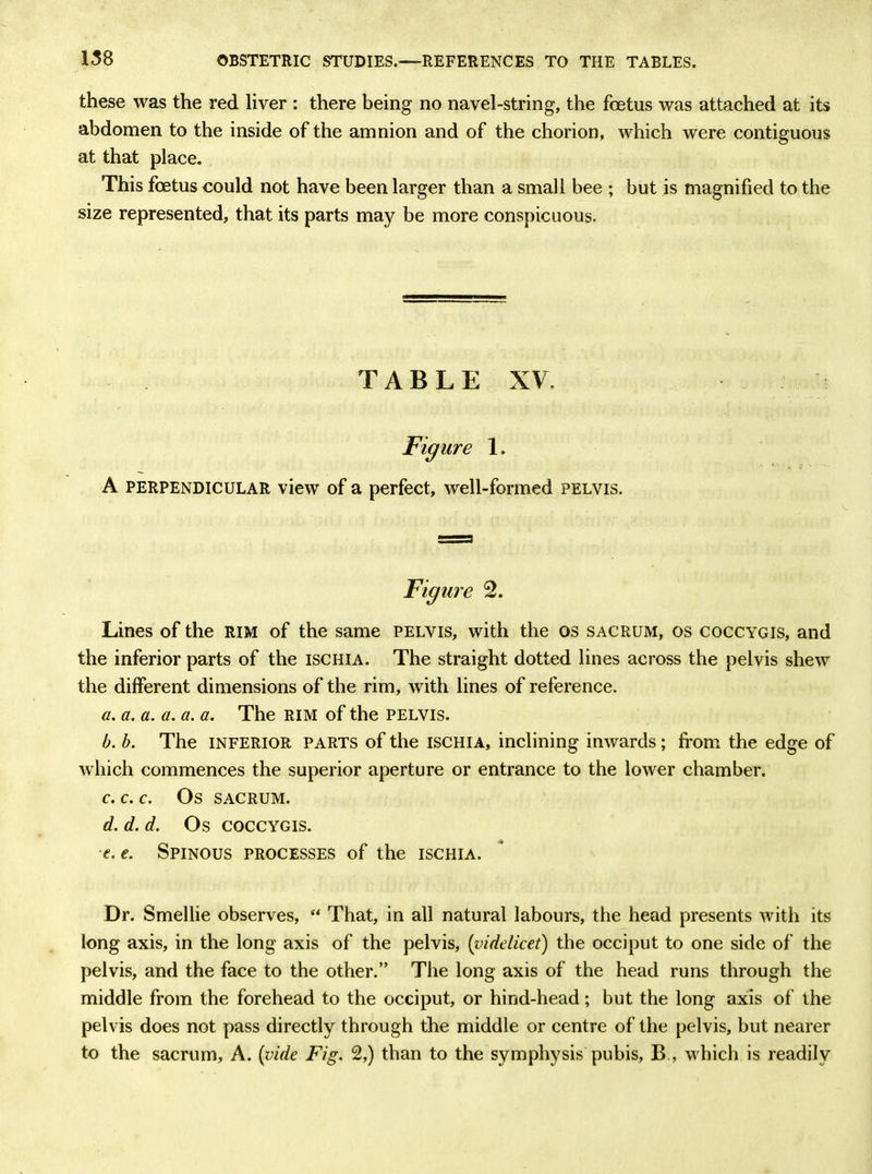 these was the red liver : there being no navel-string, the foetus was attached at its abdomen to the inside of the amnion and of the chorion, which were contiguous at that place. This foetus could not have been larger than a small bee ; but is magnified to the size represented, that its parts may be more conspicuous. TABLE XV Figure 1. A perpendicular view of a perfect, well-formed pelvis. Figure 2. Lines of the rim of the same pelvis, with the os sacrum, os coccygis, and the inferior parts of the ischia. The straight dotted lines across the pelvis shew the different dimensions of the rim, with lines of reference. a. a. a. a. a. a. The RIM of the PELVIS. b. b. The inferior parts of the ischia, inclining inwards; from the edge of which commences the superior aperture or entrance to the lower chamber. c. c. c. Os sacrum. d. d.d. Os coccygis. e. e. Spinous processes of the ischia. Dr. Smellie observes, “ That, in all natural labours, the head presents with its long axis, in the long axis of the pelvis, (videlicet) the occiput to one side of the pelvis, and the face to the other.” The long axis of the head runs through the middle from the forehead to the occiput, or hind-head; but the long axis of the pelvis does not pass directly through the middle or centre of the pelvis, but nearer to the sacrum, A. (vide Fig. 2,) than to the symphysis pubis, B , which is readily