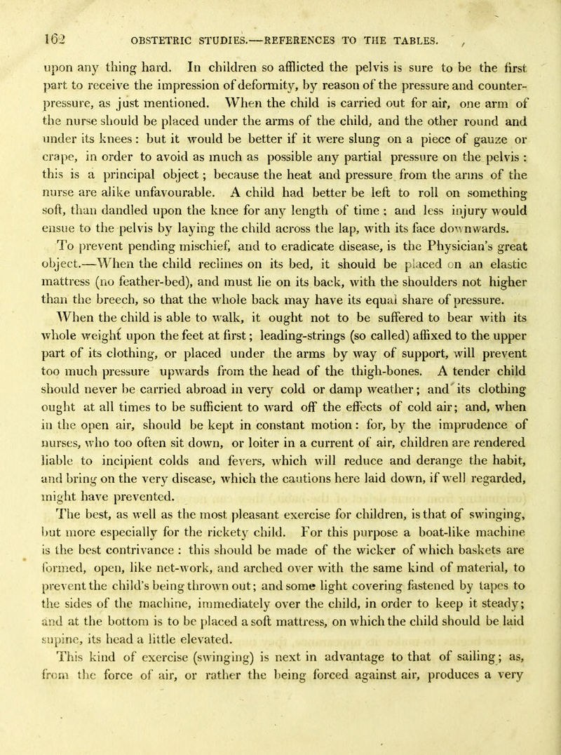 upon any thing hard. In children so afflicted the pelvis is sure to be the first part to receive the impression of deformity, by reason of the pressure and counter- pressure, as just mentioned. When the child is carried out for air, one arm of the nurse should be placed under the arms of the child, and the other round and under its knees: but it would be better if it were slung on a piece of gauze or crape, in order to avoid as much as possible any partial pressure on the pelvis : this is a principal object; because the heat and pressure from the arms of the nurse are alike unfavourable. A child had better be left to roll on something soft, than dandled upon the knee for any length of time : and less injury would ensue to the pelvis by laying the child across the lap, with its face downwards. To prevent pending mischief and to eradicate disease, is the Physician’s great object.—When the child reclines on its bed, it should be placed on an elastic mattress (no feather-bed), and must lie on its back, with the shoulders not higher than the breech, so that the wdiole back may have its equal share of pressure. When the child is able to walk, it ought not to be suffered to bear with its whole weight upon the feet at first; leading-strings (so called) affixed to the upper part of its clothing, or placed under the arms by way of support, will prevent too much pressure upwards from the head of the thigh-bones. A tender child should never be carried abroad in very cold or damp weather; and its clothing ought at all times to be sufficient to ward off the effects of cold air; and, when in the open air, should be kept in constant motion: for, by the imprudence of nurses, who too often sit down, or loiter in a current of air, children are rendered liable to incipient colds and fevers, which will reduce and derange the habit, and bring on the very disease, which the cautions here laid down, if w^ell regarded, might have prevented. The best, as w ell as the most pleasant exercise for children, is that of swinging, but more especially for the rickety child. For this purpose a boat-like machine is the best contrivance : this should be made of the wicker of which baskets are formed, open, like net-w ork, and arched over with the same kind of material, to prevent the child’s being thrown out; and some light covering fastened by tapes to the sides of the machine, immediately over the child, in order to keep it steady; and at the bottom is to be placed a soft mattress, on which the child should be laid supine, its head a little elevated. This kind of exercise (swinging) is next in advantage to that of sailing; as, from the force of air, or rather the being forced against air, produces a very