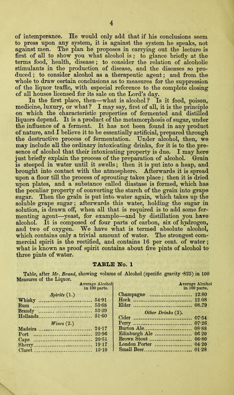 of intemperance. He would only add that if his conclusions seem to press upon any system, it is against the system he speaks, not against men. The plan he proposes in carrying out the lecture is first of all to show you what alcohol is ; to glance briefly at the terms food, health, disease; to consider the relation of alcoholic stimulants in the production of disease, and the diseases so pro- duced ; to consider alcohol as a therapeutic agent; and from the whole to draw certain conclusions as to measures for the suppression of the liquor traffic, with especial reference to the complete closing of all houses licensed for its sale on the Lord's day. In the first place, then—what is alcohol ? Is it food, poison, medicine, luxury, or what ? I may say, first of all, it is the principle on which the characteristic properties of fermented and distilled liquors depend. It is a product of the metamorphosis of sugar, under the influence of a ferment. It has not been found in any product of nature, and I believe it to be essentially artificial, prepared through the destructive process of fermentation. Under alcohol, then, we may include all the ordinary intoxicating drinks, for it is to the pre- sence of alcohol that their intoxicating property is due. I may here just briefly explain the process of the preparation of alcohol. Grain is steeped in water until it swells; then it is put into a heap, and brought into contact with the atmosphere. Afterwards it is spread upon a floor till the process of sprouting takes place; then it is dried upon plates, and a substance called diastase is formed, which has the peculiar property of converting the starch of the grain into grape sugar. Then the grain is put into water again, which takes up the soluble grape sugar; afterwards this water, holding the sugar in solution, is drawn off, when all that is required is to add some fer- menting agent—yeast, for example—and by distillation you have alcohol. It is composed of four parts of carbon, six of hydrogen, and two of oxygen. We have what is termed absolute alcohol, which contains only a trivial amount of water. The strongest com- mercial spirit is the rectified, and contains 16 per cent, of water; what is known as proof spirit contains about five pints of alcohol to three pints of water. TABLE No. 1 Table, after Mr. Brand, showing volume of Alcohol (specific gravity -825) in 100 Measures of the Liquor. Average Alcohol in 100 parts. Spirits (1.) Whisky 54-91 Rum 53-68 Brandy 53-39 Hollands 51-60 Wines (2.) Madeira 24-17 Port , 22-96 Cape 20-51 Sherrv 19 17 Claret 15-10 Average Alcohol in 100 parts. Champagne 12.80 Hock 12 08 Elder 08.79 Other Drinks (3). Cider 07-54 Perry 07-26 Burton Ale 08 88 Edinburgh Ale 06 20 Brown Stout 06-80 London Porter 04 20 Small Beer 01-28