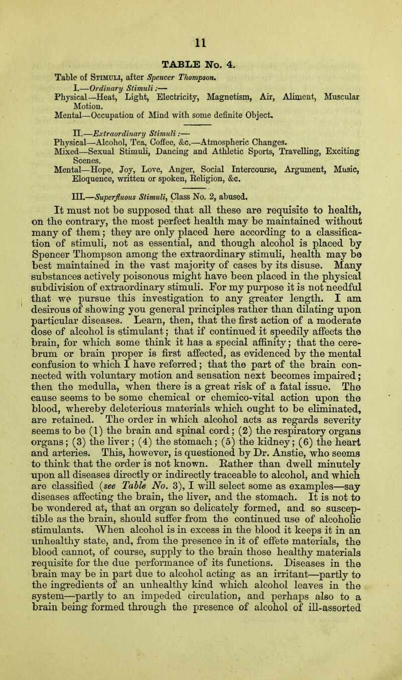 TABLE No. 4. Table of Stimuli, after Spencer Thompson. I.—Ordinary Stimuli :— Physical—Heat, Light, Electricity, Magnetism, Air, Aliment, Muscular Motion. Mental—Occupation of Mind with some definite Object. II.—Extraordinary Stimuli:— Physical—Alcohol, Tea, Coffee, &c.—Atmospheric Changes. Mixed—Sexual Stimuli, Dancing and Athletic Sports, Travelling, Exciting Scenes. Mental—Hope, Joy, Love, Anger, Social Intercourse, Argument, Music, Eloquence, written or spoken, Keligion, &<s. HI.—Superfluous Stimuli, Class No. 2, abused. It must not be supposed that all these are requisite to health, on the contrary, the most perfect health may be maintained without many of them; they are only placed here according to a classifica- tion of stimuli, not as essential, and though alcohol is placed by Spencer Thompson among the extraordinary stimuli, health may be best maintained in the vast majority of cases by its disuse. Many substances actively poisonous might have been placed in the physical subdivision of extraordinary stimuli. For my purpose it is not needful that we pursue this investigation to any greater length. I am desirous of showing you general principles rather than dilating upon particular diseases. Learn, then, that the first action of a moderate dose of alcohol is -stimulant; that if continued it speedily affects the brain, for which some think it has a special affinity; that the cere- brum or brain proper is first affected, as evidenced by the mental confusion to which I have referred; that the part of the brain con- nected with voluntary motion and sensation next becomes impaired; then the medulla, when there is a great risk of a fatal issue. The cause seems to be some chemical or chemico-vital action upon the blood, whereby deleterious materials which ought to be eliminated, are retained. The order in which alcohol acts as regards severity seems to be (1) the brain and spinal cord; (2) the respiratory organs organs; (3) the liver; (4) the stomach; (5) the kidney; (6) the heart and arteries. This, however, is questioned by Dr. Anstie, who seems to think that the order is not known. Rather than dwell minutely upon all diseases directly or indirectly traceable to alcohol, and which are classified {see Table No. 3), I will select some as examples—say diseases affecting the brain, the liver, and the stomach. It is not to be wondered at, that an organ so delicately formed, and so suscep- tible as the brain, should suffer from the continued use of alcoholic stimulants. When alcohol is in excess in the blood it keeps it in an unhealthy state, and, from the presence in it of effete materials, the blood cannot, of course, supply to the brain those healthy materials requisite for the due performance of its functions. Diseases in the brain may be in part due to alcohol acting as an irritant—partly to the ingredients of an unhealthy kind which alcohol leaves in the system—partly to an impeded circulation, and perhaps also to a brain being formed through the presence of alcohol of ill-assorted