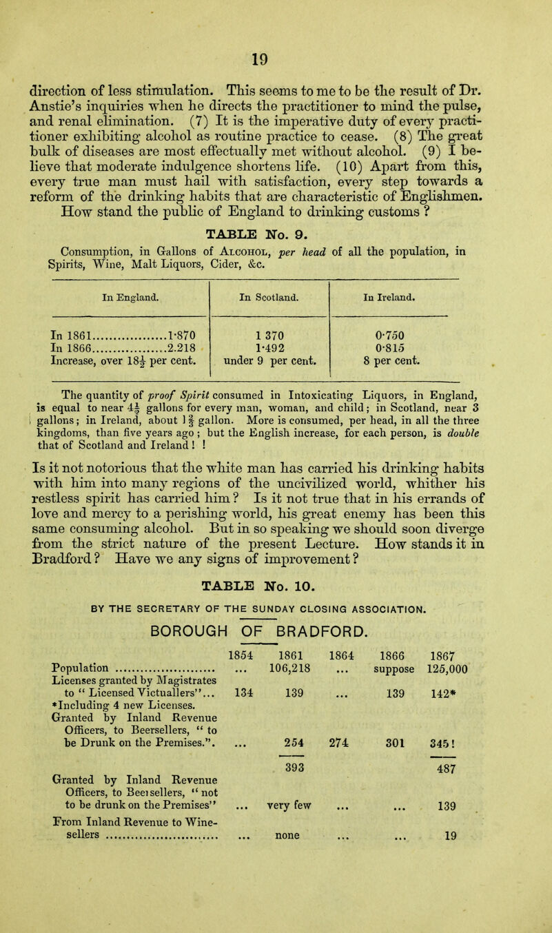 direction of less stimulation. This seems to me to be the result of Dr. Anstie's inquiries when he directs the practitioner to mind the pulse, and renal elimination. (7) It is the imperative duty of every practi- tioner exhibiting alcohol as routine practice to cease. (8) The great bulk of diseases are most effectually met without alcohol. (9) I be- lieve that moderate indulgence shortens life. (10) Apart from this, every true man must hail with satisfaction, every step towards a reform of the drinking habits that are characteristic of Englishmen. How stand the public of England to drinking customs ? TABLE No. 9. Consumption, in Gallons of Alcohol, per head of all the population, in Spirits, Wine, Malt Liquors, Cider, &c. In England. In Scotland. In Ireland. In 1861 1-870 1 370 0-750 In 1866 2.218 1-492 0-815 Increase, over 18£ per cent. under 9 per cent. 8 per cent. The quantity of proof Spirit consumed in Intoxicating Liquors, in England, is equal to near 4| gallons for every man, woman, and child; in Scotland, near 3 1 gallons; in Ireland, about 1 § gallon. More is consumed, per head, in all the three kingdoms, than five years ago ; but the English increase, for each person, is double that of Scotland and Ireland ! ! Is it not notorious that the white man has carried his drinking habits with him into many regions of the uncivilized world, whither his restless spirit has carried him ? Is it not true that in his errands of love and mercy to a perishing world, his great enemy has been this same consuming alcohol. But in so speaking we should soon diverge from the strict nature of the present Lecture. How stands it in Bradford ? Have we any signs of improvement ? TABLE No. 10. BY THE SECRETARY OF THE SUNDAY CLOSING ASSOCIATION. BOROUGH OF BRADFORD. 1854 1861 1864 1866 1867 Population 106,218 ... suppose 125,000 Licenses granted by Magistrates to Licensed Victuallers... 134 139 ... 139 142* ♦Including 4 new Licenses. Granted by Inland Revenue Officers, to Beersellers, to be Drunk on the Premises.. ... 254 274 301 345! 393 487 Granted by Inland Revenue Officers, to Beeisellers, not to be drunk on the Premises ... very few ... ... 139 From Inland Revenue to Wine- sellers none ... ... 19