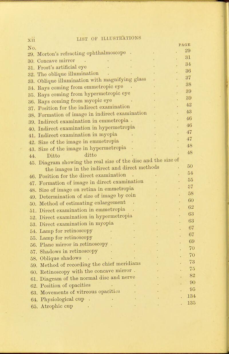 No. 29. Morton's refracting oplithalmoscope . 30. Concave mirror 31. Frost's artificial eye 32. The oblique illumination 33. Oblique illumination with magnifying glass 34. Eays coming from emmetropic eye 35. Rays coming from hypermetropic eye 36. Rays coming from myopic eye 37. Position for the indirect examination 38. Formation of image in indirect examination 39. Indirect examination in enimetropia . 40. Indirect examination in hypermetropia 41. Indirect examination in myopia 42. Size of the image in enimetropia 43. Size of the image in hypermetropia . 44. Ditto ditto 45. Diagram showing the real size of the disc and the the images in the indirect and direct methods 46. Position for the direct examination . 47. Formation of image in direct examination 48. Size of image on retina in emmetropia 49. Determination of size of imago by coin 50. Method of estimating enlargement . 51. Direct examination in emmetropia 52. Direct examination in hypermetropia 53. Direct examination in myopia 54. Lamp for retinoscopy 55. Lamp for retinoscopy 56. Plane mirror in retinoscopy . 57. Shadows in retinoscopy 58. Oblique shadows . 59. Method of recording the chief meridians 60. Retinoscopy with the concave mirror . 61. Diagram of the normal disc and nerve 62. Position of oiiacities 63. Movements of vitreovxs opacities 64. Physiological cup . 65. Atrophic cup PAGE 29 31 34 36 37 38 39 . 39 . 42 43 46 . 46 . 47 . 47 . 48 . 48 size of 50 54 55 57 58 60 62 63 63 67 67 69 70 70 73 75 82 90 95 134 135