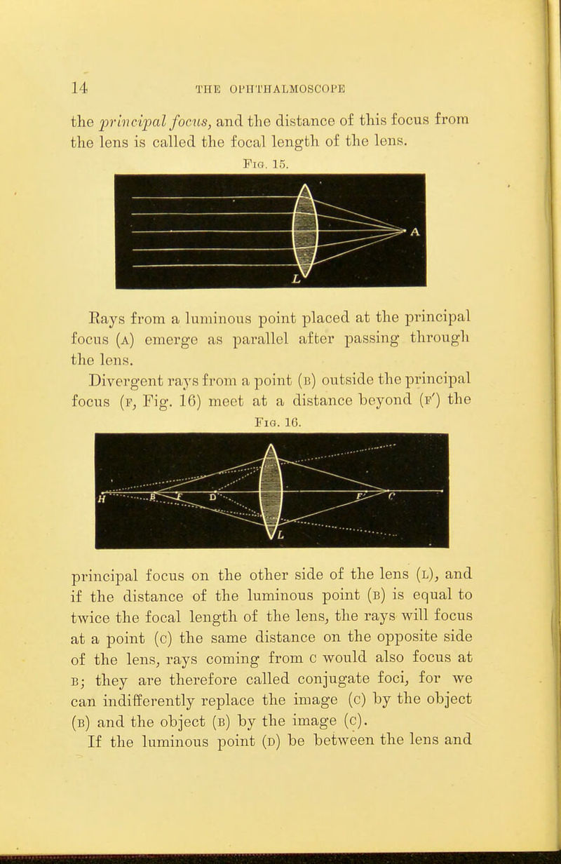 the principal fonis, and the distance of this focus from the lens is called the focal length of the lens. Fig. 15. Eays from a luminous point placed at the principal focus (a) emerge as parallel after passing through the lens. Divergent rays from a point (b) outside the principal focus {¥, Fig. 16) meet at a distance beyond (f') the Fig. 1G. principal focus on the other side of the lens (l), and if the distance of the luminous point (b) is equal to twice the focal length of the lens, the rays will focus at a point (c) the same distance on the opposite side of the lens, rays coming from c would also focus at B; they are therefore called conjugate foci, for we can indifferently replace the image (c) by the object (b) and the object (b) by the image (c). If the luminous point (d) be between the lens and