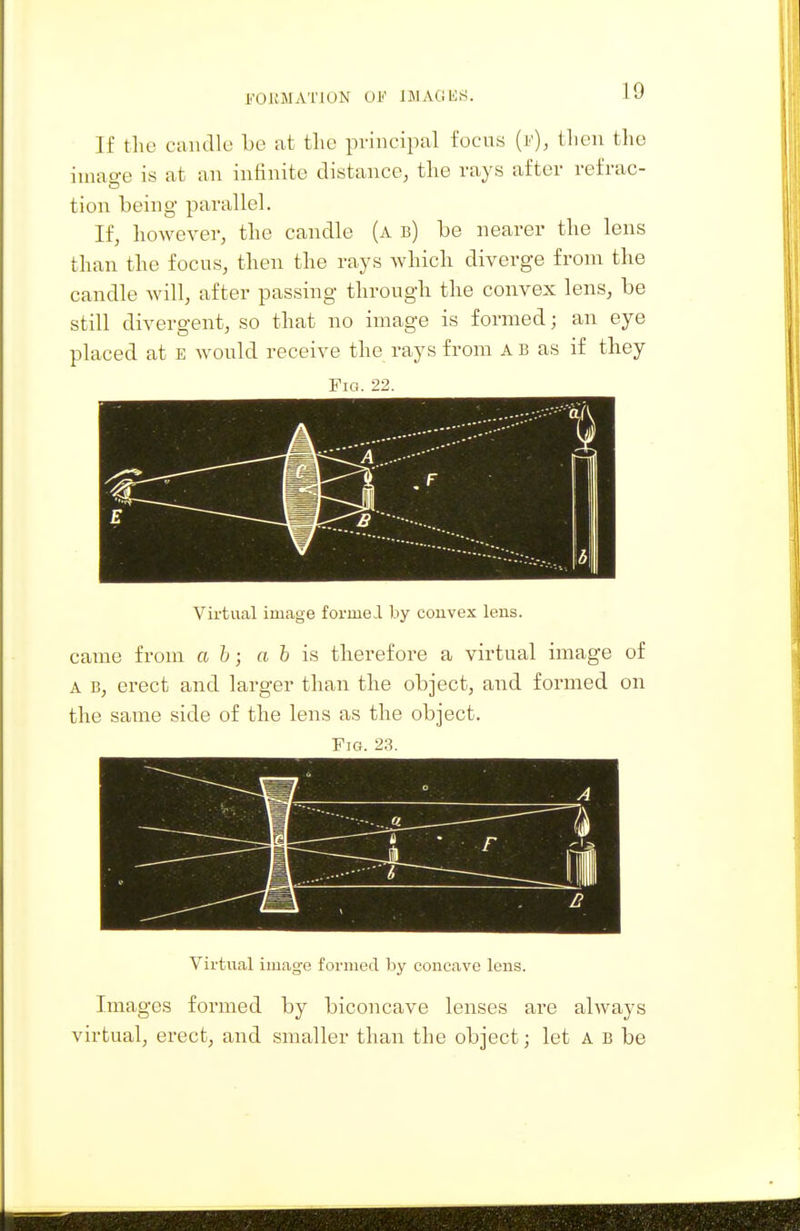 I'OKMA'IMON Ol)' IJIAGKS. If the candle he at the principal focus (i-'), then the iniao-e is at an infinite distance^ the rays after refrac- tion being parallel. If, however, the candle (a b) be nearer the lens than the focus, then the rays which diverge from the candle Avill, after passing through the convex lens, be still divergent, so that no image is formed; an eye placed at e would receive the rays from a b as if they Fig. 22. Virtual image formeJl by convex lens. came from ah; a 6 is therefore a virtual image of a b, erect and larger than the object, and formed on the same side of the lens as the object. Fig. 23. Virtual image formed by concave lens. Images formed by biconcave lenses are always virtual, erect, and smaller than the object; let A B be