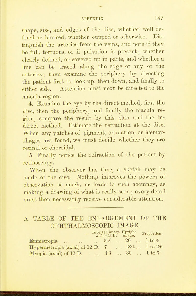 shape, size, and edges of the disc, whether well de- fined or blurred, whether cupped or otherwise. Dis- tinguish the arteries from the veins, and note if they be full, tortuous, or if pulsation is present; whether clearly defined, or covered up in parts, and whether a line can be traced along the edge of any of the arteries; then examine the periphery by directing the patient first to look up, then down, and finally to either side. Attention must next be directed to the macula region. 4. Examine the eye by the direct method, first the disc, then the periphery, and finally the macula re- gion, compare the result-by this plan and the in- direct method. Estimate the refraction at the disc. When any patches of pigment, exudation, or haemor- rhages are found, we must decide whether they are retinal or choroidal. 5. Finally notice the refraction of the patient by retinoscopy. When the observer has time, a sketch may be made of the disc. Nothing improves the powers of observation so much, or leads to such accuracy, as making a drawing of what is really seen; every detail must then necessarily receive considerable attention. A TABLE OF THE ENLARGEMENT OF THE OPHTHALMOSCOPIC IMAGE. Inverted image Upright ProriortioTi with +13 D. image. -froporaon- Emmetropia 5-2 ... 20 ... lto4 Hypermetropia (axial) of 12 D. 7 ... 18-4... 1 to 2-6 Myopia (axial) of 12 D. ... 4-3 ... 30 ... 1 to 7