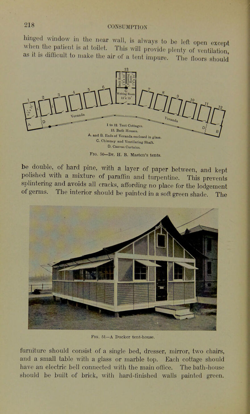 hin^^ed window m the near wall, is always to be left open except when the patient is at toilet. This will provide plenty of ventilation, as It is dihicult to make the air of a tent impure. The floors should 1 to 12. Tent Cottages. 13. Bath Houses. A. and B. Ends of Veranda enclosed in glass. C. Chimney and Ventilating Shaft. D. Canvas Curtains. Fig. 50—Dr. H. B. Masten's tents. be double, of hard pine, with a layer of paper between, and kept polished with a mixture of paraffin and turpentine. This prevents splintering and avoids all cracks, affording no place for the lodgement of germs. The interior should be painted in a soft green shade. The Via. 51—A Ducker tent-house. furniture should consist of a single bed, dresser, mirror, two chairs, and a small table with a glass or marble top. Each cottage should have an electric bell connected with the main office. The bath-house should be built of brick, with hard-finished walls painted green.