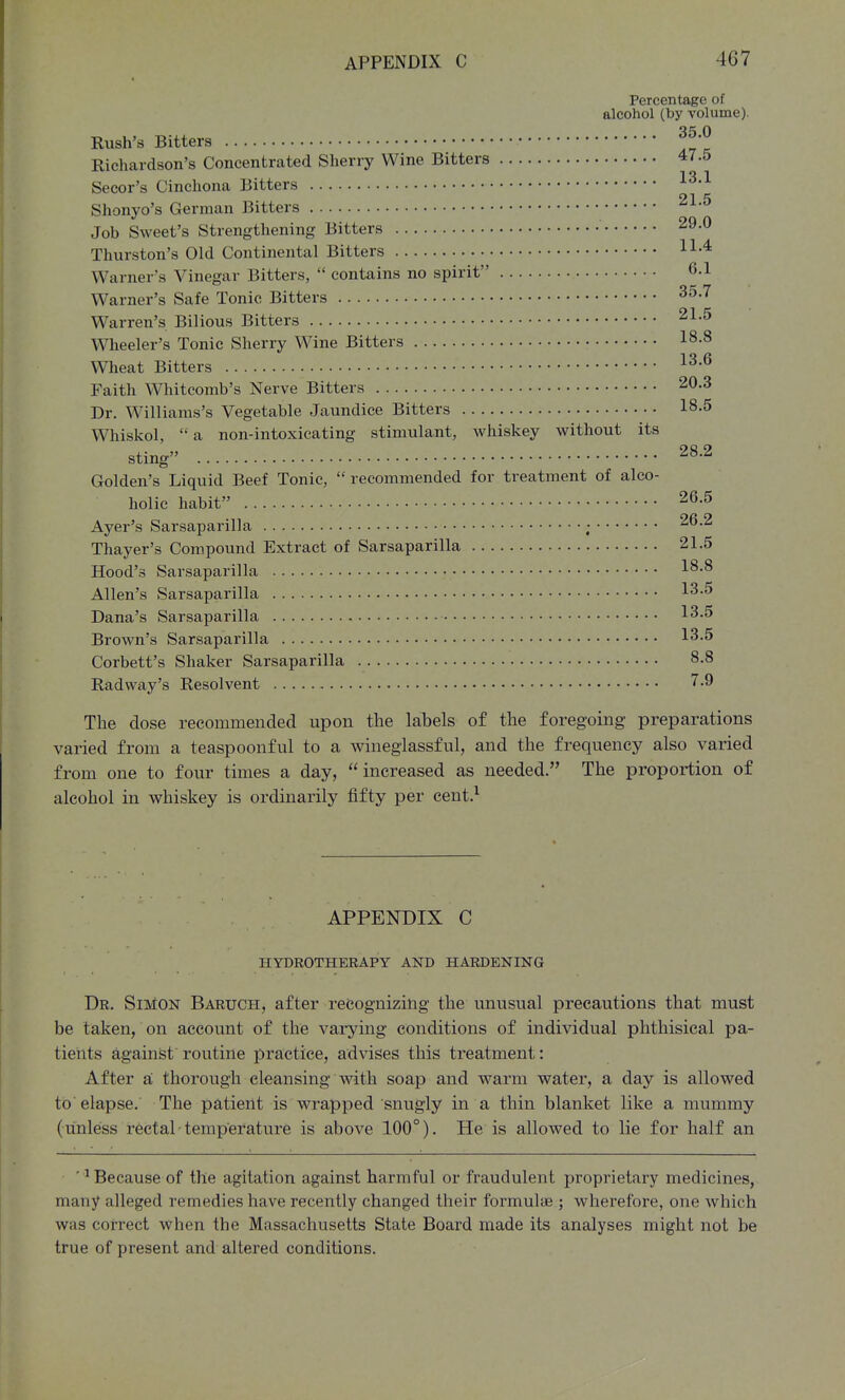 Percentage of alcohol (by volume). Rush's Bitters ^^'^ Richardson's Concentrated Sherry Wine Bitters 47.5 Secor's Cinchona Bitters ^^'^ Shonyo's German Bitters ^^•'^ Job Sweet's Strengthening Bitters 29.0 Thurston's Old Continental Bitters 11-4 Warner's Vinegar Bitters,  contains no spirit 6.1 Warner's Safe Tonic Bitters 35.7 Warren's Bilious Bitters 21.5 Wheeler's Tonic Sherry Wine Bitters 18.8 Wheat Bitters ^^-^ Faith Whitcomb's Nerve Bitters 20.3 Dr. Williams's Vegetable Jaundice Bitters 18.5 Whiskol,  a non-intoxicating stimulant, Avhiskey vk^ithout its sting 28.2 Golden's Liquid Beef Tonic,  recommended for treatment of alco- holic habit 26.5 Ayer's Sarsaparilla ; 26.2 Thayer's Compound Extract of Sarsaparilla 21.5 Hood's Sarsaparilla 18-8 Allen's Sarsaparilla l^-^ Dana's Sarsaparilla 13-5 Brown's Sarsaparilla 13-5 Corbett's Shaker Sarsaparilla 8.8 Radway's Resolvent 7.9 The dose recommended upon the labels of the foregoing preparations varied from a teaspoonful to a wineglassful, and the frequency also varied from one to four times a day, increased as needed. The proportion of alcohol in whiskey is ordinarily fifty per cent.^ APPENDIX C HYDROTHERAPY AND HARDENING Dr. Simon Baruch, after recognizing the unusual precautions that must be taken, on account of the varying conditions of individual phthisical pa- tients against routine practice, advises this treatment: After a, thorough cleansing with soap and warm water, a day is allowed to elapse. The patient is wrapped snugly in a thin blanket like a mummy (unless rectal temperature is above 100°). He is allowed to lie for half an ' ^Because of the agitation against harmful or fraudulent proprietary medicines, many alleged remedies have recently changed their formulae ; wherefore, one which was correct when the Massachusetts State Board made its analyses might not be true of present and altered conditions.