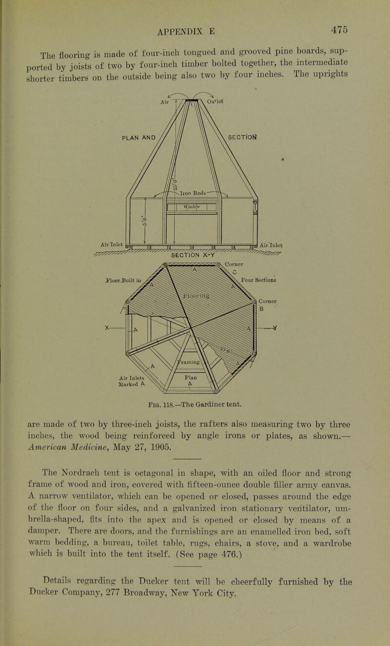 The flooring is made of four-ineh tongued and grooved pine boards, sup- ported by joisrs of two by four-inch timber bolted together, the intermediate shorter timbers on the outside being also two by four inches. The uprights Fig. 118.—The Gardiner tent. are made of two by three-inch joists, the rafters also measuring two by three inches, the wood being reinforced by angle irons or plates, as shown.— American Medicine, May 27, 1905. The Nordrach tent is octagonal in shape, with an oiled floor and strong frame of wood and iron, covered with flfteen-ounce double flller army canvas. A narrow ventilator, which can be opened or closed, passes around the edge of the floor on four sides, and a galvanized iron stationary ventilator, um- brella-shaped, fits into the apex and is opened or closed by means of a damper. There are doors, and the furnishings are an enamelled iron bed, soft warm bedding, a bureau, toilet table, rugs, chairs, a stove, and a wardrobe which is built into the tent itself. (See page 476.) Details regarding the Ducker tent will be cheerfully furnished by the Ducker Company, 277 Broadway, New York City.