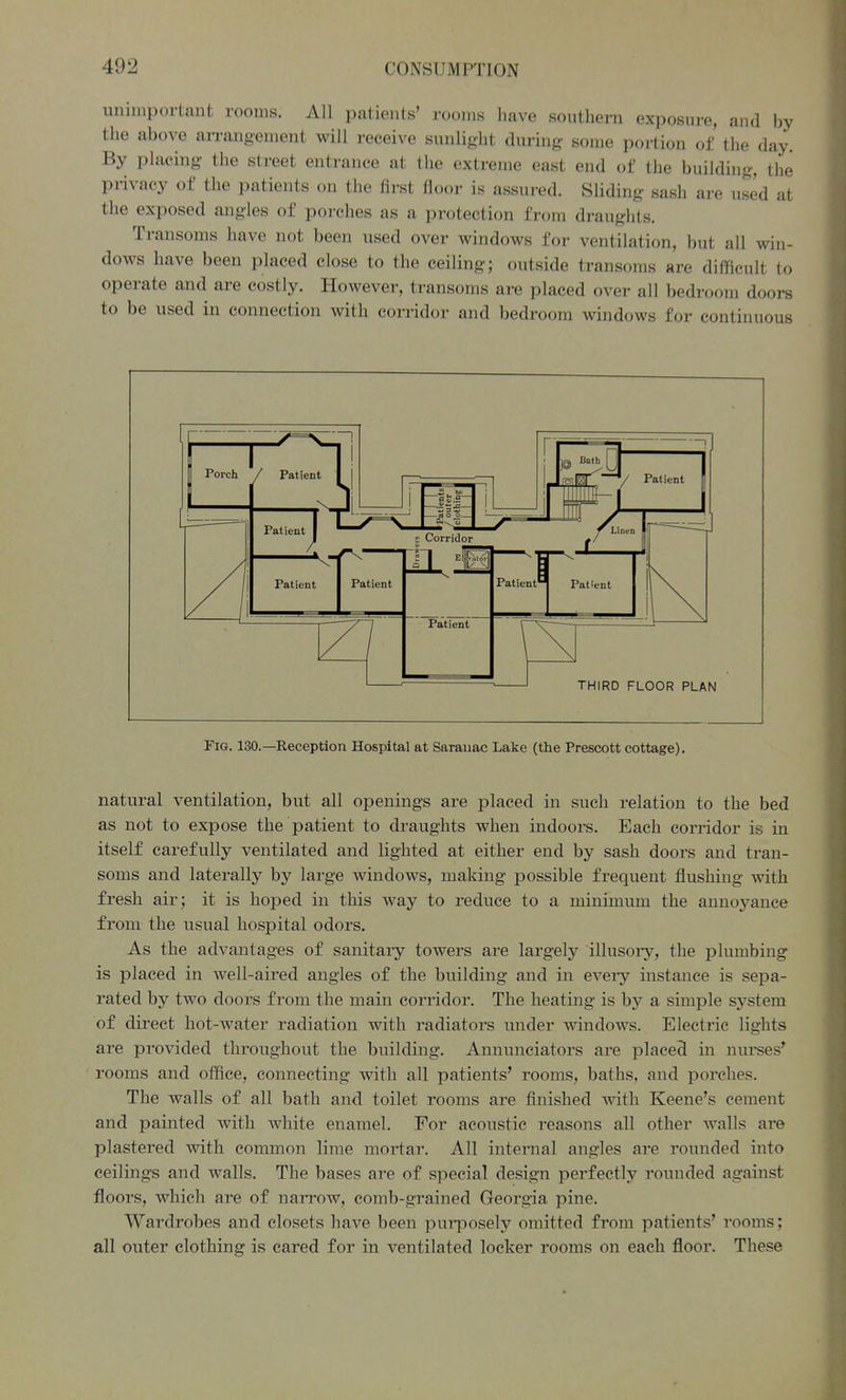unimportant rooms. All patients' rooms have southern exposure, and by the above an-angement will receive sunlight during some portion of the day. By placing the street entrance at the extreme east end of the building, the privacy of the patients on the first floor is assured. Sliding sash are used at the exposed angles of porches as a protection from draughts. Transoms have not been used over windows for ventilation, but all win- dows have been placed close to the ceiling; outside transoms are difficult to operate and are costly. HoAvever, transoms are placed over all bedroom doors to be used in connection with corridor and bedroom windows for continuous THIRD FLOOR PLAN Fig. 130.—Reception Hospital at Sarauac Lake (the Prescott cottage). natural ventilation, but all openings are placed in such relation to the bed as not to expose the patient to draughts when indoors. Each cori'idor is in itself carefully ventilated and lighted at either end by sash doors and tran- soms and laterally by large windows, making possible frequent flushing with fresh air; it is hoped in this way to reduce to a minimum the annoyance from the usual hospital odors. As the advantages of sanitary towers are largely illusory, the plumbing is placed in well-aired angles of the building and in every instance is sepa- rated by two doors from the main corridor. The heating is hj a simple system of direct hot-water radiation with radiators under windows. Electric lights are provided throughout the building. Annunciators are placed in nurses^ rooms and office, connecting with all patients' rooms, baths, and porches. The walls of all bath and toilet rooms are finished with Keene's cement and painted with white enamel. For acoustic reasons all other walls are plastered with common lime mortar. All internal angles are rounded into ceilings and walls. The bases are of special design perfectly rounded against floors, which are of narrow, comb-grained Georgia pine. Wardrobes and closets have been purposely omitted from patients' rooms; all outer clothing is cared for in ventilated locker rooms on each floor. These