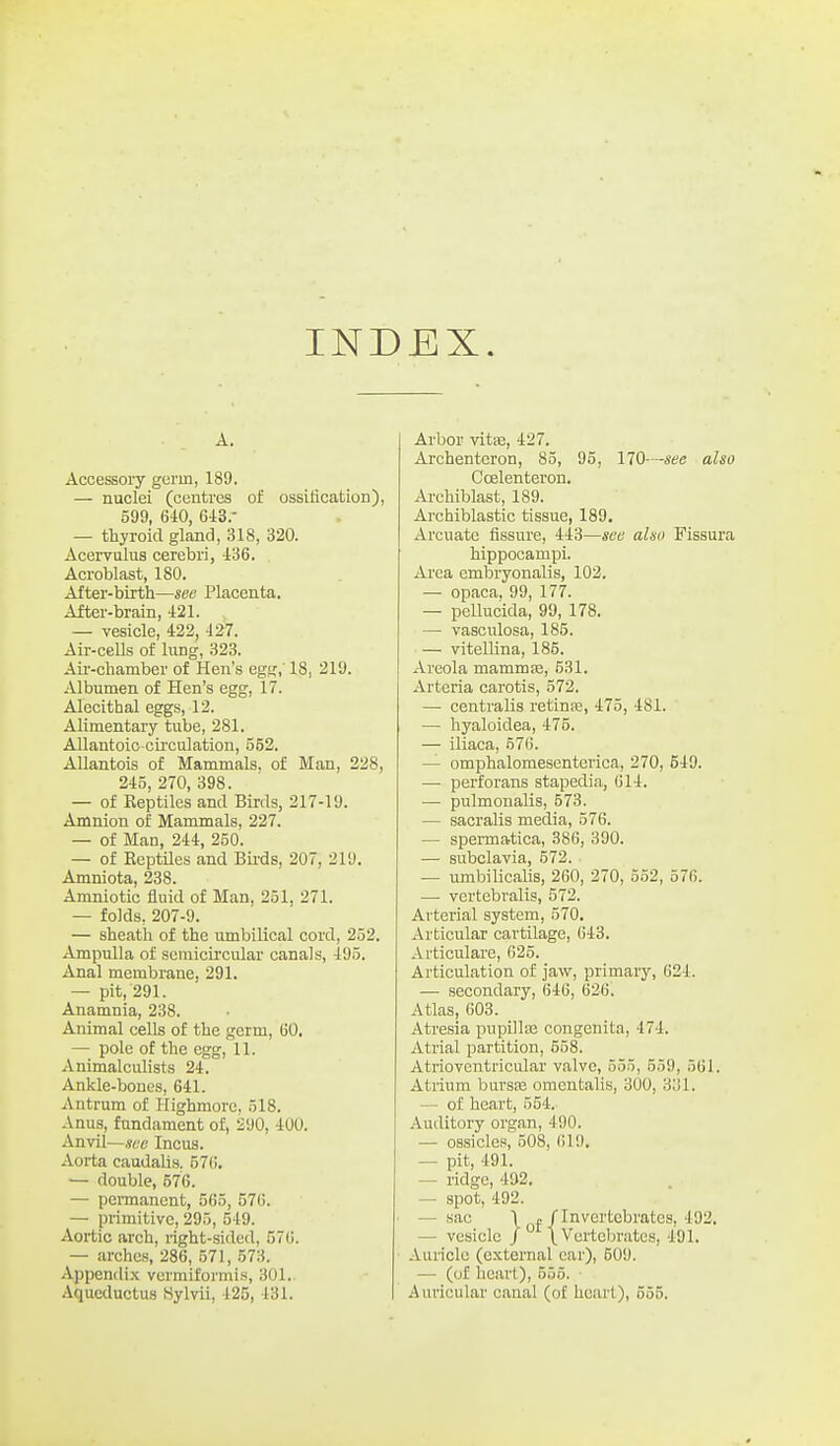 INDEX. A. Accessory goi'm, 189. — nuclei (centres of ossitication), 599, 640, 643.- — thyroid gland, 318, 320. Acervulus cerebri, 436. Acroblast, 180. After-birth—see Placenta. After-brain, 421. — vesicle, 422, 427. Air-cells of lung, 323. Aii'-chamber of Hen's egg,' 18, 219. Albumen of Hen's egg, 17. Alecithal eggs, 12. Alimentary tube, 281. Allantoic cii'culation, 552. AUantois of Mammals, of Man, 228, 245, 270, 398. — of Reptiles and Birds, 217-19. Amnion of Mammals, 227. — of Man, 244, 250. — of Reptiles and Birds, 207, 219. Amniota, 238. Amniotic fluid of Man, 251, 271. — folds, 207-9. — sheath of the umbilical cord, 252. Ampulla of semicircular canals, 495. Anal membrane, 291. — pit, 291. Anamnia, 238. Animal cells of the germ, 60. — pole of the egg, 11. Animalculists 24. Ankle-bones, 641. Antrum of Highmorc, 518. Anus, fundament of, 290, 400. Anvil—.we Incus. Aorta caudahs. 57(i. — double, 576. — permanent, 565, 576. — primitive, 295, 549. Aortic arch, right-sided, 576. — arches, 286, 571, 573. Appendi.x vermiformis, 301. Aqueductus Sylvii, 425, 431. Arbor vitje, 427. Archentcron, 85, 95, 110—see also Ccelenteron. Archiblast, 189. Archiblastic tissue, 189. Arcuate fissure, 443—see also Pissura hippocampi. Area embryonalis, 102. — opaca. 99, 177. — pellucida, 99, 178. — vasculosa, 185. — vitellina, 185. Areola mamms, 531. Arteria carotis, 572. — centralis retime, 475, 481. — hyaloidea, 475. — iliaca, 576. — omphalomesenterica, 270, 649. — perforans stapedia, 614. — pulmonalis, 573. — sacralis media, 576. — spermatica, 386, 390. — subclavia, 572. — umbilicalis, 260, 270, 552, 576. — vertebralis, 572. Arterial system, 570. Articular cartilage, 643. Afticulare, 625. Articulation of jaw, primary, 624. — secondary, 646, 626. Atlas, 603. Atresia pupilliE congenita, 474. Atrial partition, 558. Atrioventricular valve, 555, 559, 561. Atrium bursie omcntalis, 300, 331. —■ of heart, 554. Auditory organ, 490. — ossicles, 508, 619. — pit, 491. — ridge, 492. — spot, 492. ■ — sac \ n/Invertebrates, 492. — vesicle J  \ Vertebrates, 491. Auricle (external car), 509. — (of heart), 555. Auricular canal (of heart), 555.