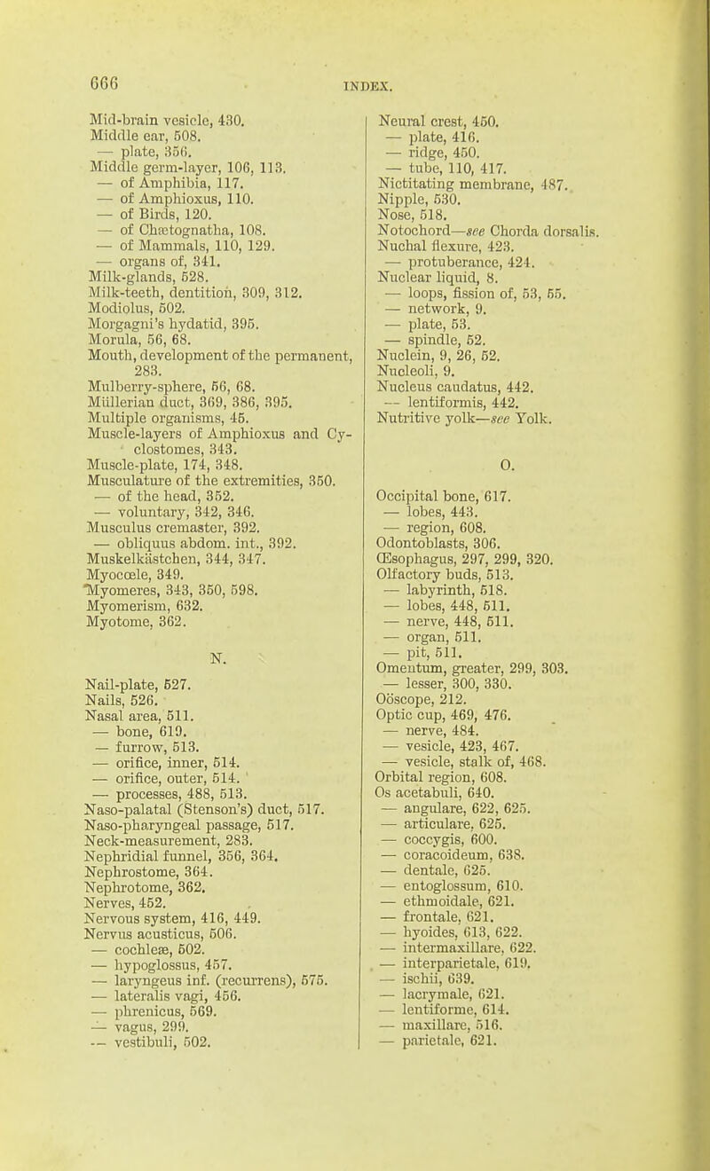 Mid-brain vesiclej 430. Middle ear, 508. — plate, 35li. Middle germ-layer, 106, 113. — of Amphibia, 117. — of Amphioxus, 110. — of Birds, 120. — of Chastognatha, 108. — of Mammals, 110, 129. — organs of, 341. Milk-glands, 528. Milk-teeth, dentitioii, 309, 312. Modiolus, 602. Morgagni's hydatid, 395. Morula, 56, 68. Mouth, development of the permanent, 283. Mulberry-sphere, 66, 68. Mlillerian duct, 369, 386, 395. Multiple organisms, 45. Muscle-layers of Amphioxus and Cy- ■ clostomes, 343. Muscle-plate, 174, 348. Musculature of the extremities, 360. — of the head, 352. — voluntary, 342, 346. Musculus cremaster, 392. — obliquus abdom. int., 392. Muskelkiistchen, 344, 347. Myocoele, 349. TMyomeres, 343, 350, 598. Myomerism, 632. Myotome, 362. N. Nail-plate, 527. Nails, 526. Nasal area, 511. — bone, 619. — furrow, 513. — orifice, inner, 614. — orifice, outer, 514. — processes, 488, 513. Naso-palatal (Stenson's) duct, 517. Naso-pharyngeal passage, 517. Neck-measurement, 283. Nephridial funnel, 356, 364. Nephrostome, 364. Nephrotome, 362. Nerves, 462. Nervous system, 416, 449. Nervus acusticus, 506. — cochlese, 602. — hypoglossus, 457. — laryngeus inf. (recurrens), 575. — lateralis vagi, 456. — phrenicus, 569. — vagus, 299. — vcstibuli, 502. Neural crest, 450. — plate, 416. — ridge, 450. — tube, 110, 417. Nictitating membrane, 487. Nipple, 530. Nose, 518. Notochord—see Chorda dorsalis. Nuchal flexure, 423. — protuberance, 424. Nuclear liquid, 8. — loops, fission of, 53, 65. — network, 9. — plate, 53. — spindle, 52. Nuclein, 9, 26, 62. Nucleoli, 9. Nucleus caudatus, 442. — lentiformis, 442. Nutritive yolk—see Yolk. O. Occipital bone, 617. — lobes, 443. — region, 608. Odontoblasts, 306. (Esophagus, 297, 299, 320. Olfactory buds, 513. — labyrinth, 518. — lobes, 448, 611. — nerve, 448, 511. — organ, 511. — pit, 511. OmcDtum, greater, 299, 303. — lesser, 300, 330. Ooscope, 212. Optic cup, 469, 476. — nerve, 484. — vesicle, 423, 467. — vesicle, stalk of, 468. Orbital region, 608. Os acetabuli, 640. — angulare, 622, 625. — articulare, 625. — coccygis, 600. — coracoideum, 638. — dentale, 625. — entoglossum, 610. — ethmoidale, 621. — frontale, 621. — hyoides, 613, 622. — intermaxillare, 622. — interparietale, 619. — ischii, 639. — lacrymale, 621. — Icntiformc, 614. — maxillare, 516. — pariet.ale, 621.