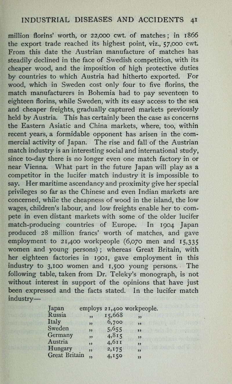 million florins’ worth, or 22,000 cwt. of matches; in 1866 the export trade reached its highest point, viz., 57,000 cwt. From this date the Austrian manufacture of matches has steadily declined in the face of Swedish competition, with its cheaper wood, and the imposition of high protective duties by countries to which Austria had hitherto exported. For wood, which in Sweden cost only four to five florins, the match manufacturers in Bohemia had to pay seventeen to eighteen florins, while Sweden, with its easy access to the sea and cheaper freights, gradually captured markets previously held by Austria. This has certainly been the case as concerns the Eastern Asiatic and China markets, where, too, within recent years, a formidable opponent has arisen in the com- mercial activity of Japan. The rise and fall of the Austrian match industry is an interesting social and international study, since to-day there is no longer even one match factory in or near Vienna. What part in the future Japan will play as a competitor in the lucifer match industry it is impossible to say. Her maritime ascendancy and proximity give her special privileges so far as the Chinese and even Indian markets are concerned, while the cheapness of wood in the island, the low wages, children’s labour, and low freights enable her to com- pete in even distant markets with some of the older lucifer match-producing countries of Europe. In 1904 Japan produced 28 million francs’ worth of matches, and gave employment to 21,400 workpeople (6,070 men and 15,335 women and young persons) ; whereas Great Britain, with her eighteen factories in 1901, gave employment in this industry to 3,100 women and 1,500 young persons. The following table, taken from Dr. Teleky’s monograph, is not without interest in support of the opinions that have just been expressed and the facts stated. In the lucifer match industry— Japan employs 21,400 workpeople. Russia „ 15,668 55 Italy „ 6,700 51 Sweden » 5^655 >5 Germany 55 4,815 55 Austria 55 45611 55 Hungary 55 2,175 55 Great Britain „ 4,150 5)