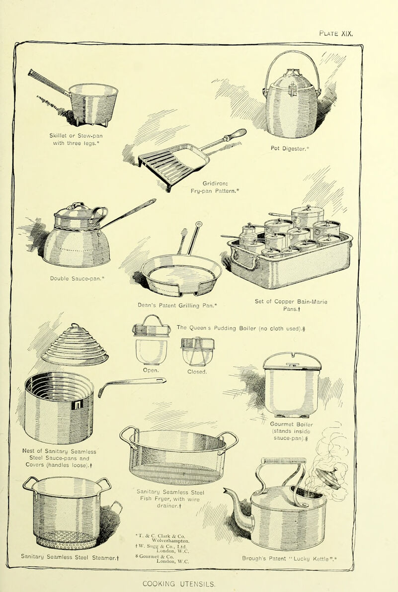 Plate XIX. Skillet or Stew-pan with three legs.* Gridiron: Fry-pan Pattern. Double Sauce-pan Set of Copper Bain-Marie Pans.t Dean's Patent Grilling Pan. Gourmet Boiler (stands inside sauce-pan).§ Nest of Sanitary Seamless Steel Sauce-pans and Covers (handles loose/.f Sanitary Seamless Steel Fish Fryer, with wire drainer.t ,/ • T. & C. Clark & Co. Wolverhampton, f Siis;t; & Co., I.trl. London, ’W.C. Gonrniet & Co. London, tV.C. Sanitary Seamless Steel Steamer.f Brough's Patent Lucky Kettle”.* COOKING UTENSILS,