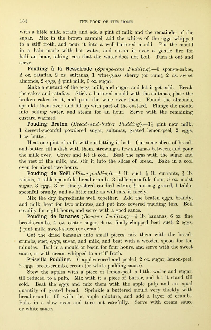 with a little milk, strain, and add a pint of milk and the remainder of the sugar. Mix in the brown caramel, add the whites of the eggs whipped to a stiff froth, and pour it into a well-buttered mould. Put the mould in a bain-marie with hot water, and steam it over a gentle fire for half an hour, taking care that the water does not boil. Turn it out and serve. Pouding” a la Nesselrode {Sponge-cake Pudding).—6 sponge-cakes, 2 oz. ratafias, 2 oz. sultanas, 1 wine-glass sherry (or rum), 2 oz. sweet almonds, 2 eggs, i pint milk, 3 oz. sugar. Make a custard of the eggs, milk, and sugar, and let it get cold. Break the cakes and ratafias. Stick a buttered mould with the sultanas, place the broken cakes in it, and pour the wine over them. Pound the almonds, sprinkle them over, and fill up with part of the custard. Plunge the mould into boiling water, and steam for an hour. Serve with the remaining custard warmed. Pouding’ Breton {Bread-and-butter Pudding).—1-^ pint new milk, 1 dessert-spoonful powdered sugar, sultanas, grated lemon-peel, 2 eggs, 1 oz. butter. Heat one pint of milk without letting it boil. Cut some slices of bread- and-butter, fill a dish with them, strewing a few sultanas between, and pour the milk over. Cover and let it cool. Beat the eggs with the sugar and the rest of the milk, and stir it into the slices of bread. Bake in a cool oven for about two hours. Pouding’ de Noel {Plum-pudding).—\ lb. suet, \ 1^- currants, f lb. raisins, 4 table-spoonfuls bread-crumbs, 3 table-spoonfuls flour, 5 oz. moist sugar, 3 eggs, 3 oz. finely-shred candied citron, 4- nutmeg grated, 1 table- spoonful brandy, and as little milk as will mix it nicely. Mix the dry ingredients well together. Add the beaten eggs, brandy, and milk, heat for two minutes, and put into cover-ed pudding tins. Boil steadily for eight hours, and serve with a good sauce. Pouding* de Bananes {Banana Padding).—| lb. bananas, 6 oz. fine bread-crumbs, 4 oz. castor sugar, 4 oz. finely-chopped beef suet, 2 eggs, 5 pint milk, sweet sauce (or cream). Cut the dried bananas into small pieces, mix them with the bread- crumbs, suet, eggs, sugar, and milk, and beat with a wooden spoon for ten minutes. Boil in a mould or basin for four hours, and serve with the sweet sauce, or with cream whipped to a stiff froth. Priscilla Pudding-.—6 apples cored and peeled, 2 oz. sugar, lemon-peel, 2 eggs, bread-crumbs, cream (or white pudding sauce). Stew the apples with a piece of lemon-peel, a little water and sugar, till reduced to a pulp. Mix with it a piece of butter, and let it stand till cold. Beat the eggs and mix them with the apple pulp and an equal quantity of grated bread. Sprinkle a buttered mould very thickly with bread-crumbs, fill with the apple mixture, and add a layer of crumbs. Bake in a slow oven and turn out carefully. Serve with cream sauce or white sauce.