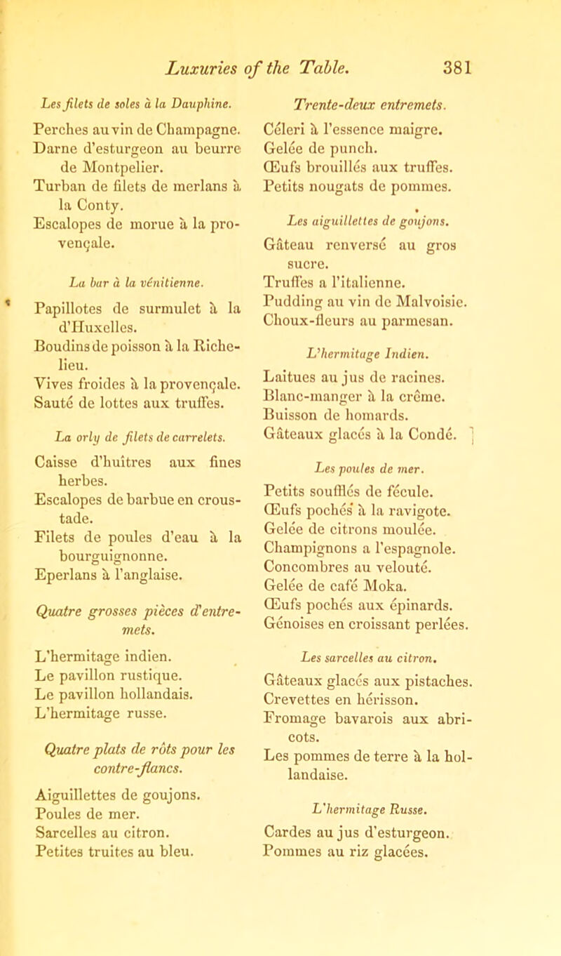 Les filets de soles a la Dauphine. Perches auvin de Champagne. Darne d’esturgeon au beui're de Montpelier. Turban de filets de merlans a la Conty. Escalopes de morue a la pro- venqale. La bur a la vinitienne. Papillotes de surmulet it la d’Huxelles. Boudins de poisson it la Riche- lieu. Yives froides it la provenqale. Saute de lottos aux truffes. La orly de filets de carrelets. Caisse d’huitres aux fines herbes. Escalopes de barbue en crous- tade. Filets de poules d’eau it la bourguignonne. Eperlans it l’anglaise. Quatre grosses pieces d'entre- mets. L’hermitage indien. Le pavilion rustique. Le pavilion hollandais. L’hermitage russe. Quatre plats de rots pour les contre-flancs. Aiguillettes de goujons. Poules de mer. Sarcelles au citron. Petites truites au bleu. Trente-deux entremets. Celeri it l’essence maigre. Gelee de punch. CEufs brouilles aux truffes. Petits nougats de pommes. Les aiguillettes de goujons. Gateau renverse au gros sucre. Trufi’es a 1’italienne. Pudding au vin de Malvoisic. Choux-fleurs au parmesan. L’hermitage Indien. Laitues au jus de racines. Blanc-manger it la creme. Buisson de homards. Gateaux glaces it la Conde. ] Les poules de mer. Petits soufHes de fecule. CEufs poches' it la ravigote. Gelee de citrons moulee. Champignons a l’espagnole. Concombres au veloute. Gelee de cafe Moka. CEufs poches aux epinards. Genoises en croissant perlees. Les sarcelles au citron. Gateaux glaces aux pistaches. Crevettes en herisson. Fromage bavarois aux abri- cots. Les pommes de terre a la hol- landaise. L'hermitage Russe. Cardes au jus d’esturgeon. Pommes au riz glacees.