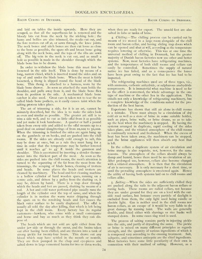 Bacon Curing in Denmark. and laid on tables the inside upwards. Here they are scraped, so that all the superfluous fat is removed and the bloody bits cut from the neck by the sticking hole; the hams and bellies are also trimmed, the steaks cut out, and the fore trotters cut off at, or sawn through, the knee joints. The neck bones and aitch bones are then cut loose as close to the bone as possible, the spare rib and breast bone going along with the neck bone, and the tops of the ribs are sawn off. The big vein in the neck is cut out, and as small a hole as possible is made in the shoulder through which the blade bone has to be drawn. In order to withdraw the blade bone this must first be loosened in the side itself. This is done by means of a long, narrow chisel, which is inserted round the sides and on top of and under the blade bone. When the meat is fairly loosened, a thong is slipped round the head of the blade bone. This thong is attached to a harness, worn by the blade bone drawer. As soon as attached the man holds the shoulder, and pulls away from it, and the blade bone flies from its position in the side. A mechanical blade bone catcher is also used. Great care is taken not to tear the so called blade bone pockets, as it easily causes taint when the salting process takes place. The art of trimming a side, for it is an art, cannot be minutely described, but the idea is to make the sides look as even and similar as possible. The greater art still is to trim a side well, and to cut as little offal from it as possible and yet make it look handsome. A quarter or half a pound taken from every side and added to the offal mounts up to a good deal on annual slaughterings of from 20,000 to 50,000. When the trimming is finished the sides are again hung up on the gambrels or on hooks, and are pushed into the chill rooms. If the sides are already cold enough to salt, this may be done at once, but as a rule they must hang for a time in order that the temperature may be further lowered until it reaches 420 to 45° F. inside the gammon and shoulder. This is ascertained by inserting a slender thermo- meter into the thickest part of the meat. As soon as the sides are pushed into the chill rooms, the men’s attention is turned to the separating of the fat from the meat from the trimmings, the scraping of blade bones, cleaning of trotters and heads. In some places the heads and trotters are cleaned by machinery. The head and feet cleaning machine is a hollow cylinder of hard wooden spars, running on a centre axle, and driven by a pulley from the shafting or, it may be, driven by hand. There is a trap door through which the heads and feet are passed, shutting by means of a rod. A hot and cold water perforated pipe usually runs the length of the cylinder over the top of same, and when the cylinder is in motion the warm water dripping through the spars on to the revolving heads and feet causes the black outer surface to be easily displaced. The offal is usually all sold the day after killing, that which is left being kept in the chill room. Every factory has its regular customers—hawkers, who come with a small conveyance and horse and buy as much as they think they can dis- pose of. The heads which are not sold are split either from the under jaw side or through the snout, and the brains taken out after having been chilled, and are thrown into a tank of strong pickle for twenty-four hours. This draws out any blood which may have settled in the mouth or nostrils. They are then pumped in the chap and eye-pieces and salted down in large cemented basins for two or three weeks, Bacon Curing in Denmark. when they are ready for export. The unsold feet are also salted in tubs or tanks of brine. 4. Chilling.—The chilling process can be carried out by means of ice stored in a large room alongside of the chill room and bacon cellar, and having sliding trap doors which can be opened and shut at will, according as the temperature requires lowering or otherwise. This was at one time the universal method of chilling in Denmark, but the greater majority of Danish bacon factories now use other and better systems. Now, most factories have refrigerating machines, and the temperatures of both chill rooms and cellars can easily be controlled. Sometimes the supply of natural native ice has failed, and as a consequence the losses have been great owing to the fact that ice has had to be imported. The refrigerating machines used are of three types, viz., with ammonia, carbonic anhydride, or sulphurous anahydride compressors. It is immaterial what machine is used so far as the effect is concerned, the whole advantage in the one type of machine or the other lies in the application. This entails not only a knowledge of refrigerating machinery, but a complete knowledge of the conditions suited for the pro- duction of the best bacon. Experience has shown that still air alone in chill rooms is a mistake. There must always be a circulation of dry cold air as well as a store of brine in some suitable holder, such as pipes, brine walls, or brine drums, so as to take up the heat when the machinery is stopped. By having the systems arranged in duplicate, rapid cooling of the sides takes place, and the vitiated atmosphere of the chill rooms is continually renewed and freshened. When the excess of heat has been taken away, the machinery can be stopped, and the brine appliances will then absorb any heat that is left. In the cellars a duplicate system of air circulation and brine storage is also requisite, not, however, for the same reasons. The atmosphere of the cellars should always be damp and humid, hence there need be no circulation of air. After prolonged use, however, cellars also become charged with a vitiated atmosphere. It is then that the circulation of air is necessary. It is only necessary for a short time, or until the prevailing atmosphere is sweetened again. Hence the utility of having both systems laid on to chill rooms and cellars alike. 5. Salting.—When the sides are sufficiently chilled they are pushed along the rails to the adjacent bacon cellars or curing beds. These rooms are called cellars, not because they are under ground for they are on a level with the out- side road surface, but because every particle of daylight is excluded from them, the only light used being candle or electric light. Gas is neither used in the chill rooms nor bacon cellars, as an escape of it would be very liable to do great damage by causing taint. The walls are generally double, and fitted either with shavings or rice husks well stamped down. In some cases slag wool is used. The process of salting consists partly in injecting pickle into the side, and partly of drysalting the same. The pickle or brine is mixed on many different principles as regards strength, and the quantity of various ingredients of which it is composed vary according to the ensuing treatment. Salt, saltpetre, and sometimes antiseptic are the chief ingredients. Most factories have some little peculiarity of their own in connection with their method of salting. However, as a