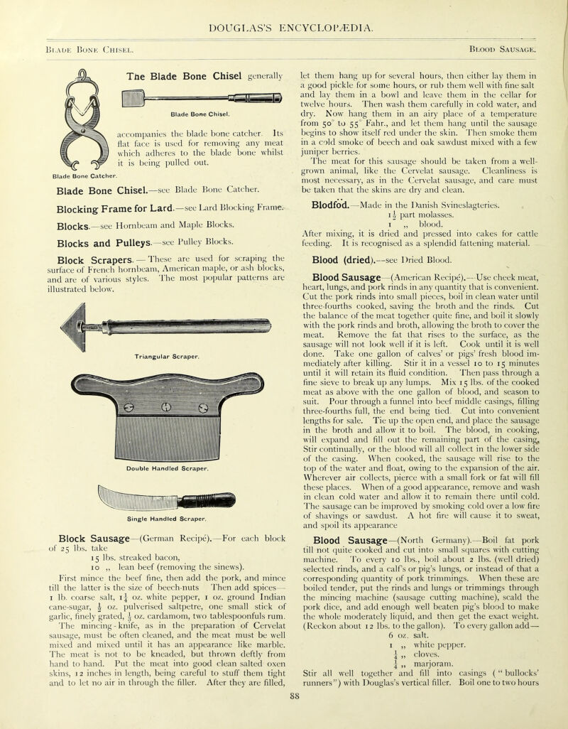 Blade Bone Chisel. Blood Sausage. The Blade Bone Chisel generally I Blade Bone Chisel. accompanies the blade bone catcher. Its flat face is used for removing any meat which adheres to the blade bone whilst it is being pulled out. Blade Bone Catcher. Blade Bone Chisel.—see Blade Bone Catcher. Blocking Frame for Lard.—see Lard Blocking Frame. Blocks.—see Hornbeam and Maple Blocks. Blocks and Pulleys.—see Pulley Blocks. Block Scrapers. — These are used for scraping the surface of F rench hornbeam, American maple, or ash blocks, and are of various styles. 1 he most popular patterns are illustrated below. Al Triangular Scraper. Double Handled Scraper. Single Handled Scraper. Block Sausage—(German Recipe).—For each block of 25 lbs. take 15 lbs. streaked bacon, 10 ,, lean beef (removing the sinews). First mince the beef fine, then add the pork, and mince till the latter is the size of beech nuts Then add spices— 1 lb. coarse salt, 1^ oz. white pepper, 1 oz. ground Indian cane-sugar, | oz. pulverised saltpetre, one small stick of garlic, finely grated, 3 oz. cardamom, two tablespoonfuls rum. The mincing - knife, as in the preparation of Cervelat sausage, must be often cleaned, and the meat must be well mixed and mixed until it has an appearance like marble. The meat is not to be kneaded, but thrown deftly from hand to hand. Put the meat into good clean salted oxen skins, 1 2 inches in length, being careful to stuff them tight and to let no air in through the filler. After they are filled, let them hang up for several hours, then either lay them in a good pickle for some hours, or rub them well with fine salt and lay them in a bowl and leave them in the cellar for twelve hours. Then wash them carefully in cold water, and dry. Now hang them in an airy place of a temperature from 50° to 55° Fahr., and let them hang until the sausage begins to show itself red under the skin. Then smoke them in a cold smoke of beech and oak sawdust mixed with a few juniper berries. The meat for this sausage should be taken from a well- grown animal, like the Cervelat sausage. Cleanliness is most necessary, as in the Cervelat sausage, and care must be taken that the skins are dry and clean. Blodfod .—Made in the Danish Svineslagteries. ii part molasses. 1 ,, blood. After mixing, it is dried and pressed into cakes for cattle feeding. It is recognised as a splendid fattening material. Blood (dried). —see Dried Blood. Blood Sausage —(American Recipe).—-Use cheek meat, heart, lungs, and pork rinds in any quantity that is convenient. Cut the pork rinds into small pieces, boil in clean water until three-fourths cooked, saving the broth and the rinds. Cut the balance of the meat together quite fine, and boil it slowly with the pork rinds and broth, allowing the broth to cover the meat. Remove the fat that rises to the surface, as the sausage will not look well if it is left. Cook until it is well done. Take one gallon of calves’ or pigs’ fresh blood im- mediately after killing. Stir it in a vessel 10 to 15 minutes until it will retain its fluid condition. Then pass through a fine sieve to break up any lumps. Mix 15 lbs. of the cooked meat as above with the one gallon of blood, and season to suit. Pour through a funnel into beef middle casings, filling three-fourths full, the end being tied. Cut into convenient lengths for sale. Tie up the open end, and place the sausage in the broth and allow it to boil. The blood, in cooking, will expand and fill out the remaining part of the casing. Stir continually, or the blood will all collect in the lower side of the casing. When cooked, the sausage will rise to the top of the water and float, owing to the expansion of the air. Wherever air collects, pierce with a small fork or fat will fill these places. When of a good appearance, remove and wash in clean cold water and allow it to remain there until cold. The sausage can be improved by smoking cold over a low fire of shavings or sawdust. A hot fire will cause it to sweat, and spoil its appearance Blood Sausage—(North Germany).—Boil fat pork till not quite cooked and cut into small squares with cutting machine. To every 10 lbs., boil about 2 lbs. (well dried) selected rinds, and a calf’s or pig’s lungs, or instead of that a corresponding quantity of pork trimmings. When these are boiled tender, put the rinds and lungs or trimmings through the mincing machine (sausage cutting machine), scald the pork dice, and add enough well beaten pig’s blood to make the whole moderately liquid, and then get the exact weight. (Reckon about 12 lbs. to the gallon). To every gallon add — 6 oz. salt. 1 „ white pepper. 4 „ cloves, j ,, marjoram. Stir all well together and fill into casings ( “ bullocks’ runners”) with Douglas’s vertical filler. Boil one to two hours