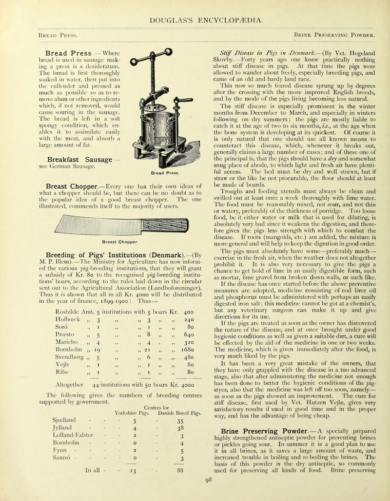 Bread Press. Brine Preserving Powder. Bread Press —Where bread is used in sausage mak- ing a press is a desideratum. The bread is first thoroughly soaked in water, then put into the cullender and pressed as much as possible so as to re- move alum or other ingredients which, if not removed, would cause souring in the sausage. The bread is left in a soft spongy condition, which en- ables it to assimilate easily with the meat, and absorb a large amount of fat. Breakfast Sausage see German Sausage. Breast Chopper.—Every one has their own ideas of what a chopper should be, but there can be no doubt as to the popular idea of a good breast chopper. The one illustrated, commends itself to the majority of users. Breast Chopper. Breeding of Pigs’ Institutions (Denmark).—(By M. P. Blem).—The Ministry for Agriculture has now inform- ed the various pig-breeding institutions, that they will grant a subsidy of Kr. 80 to the recognised pig-breeding institu- tions’ boars, according to the rules laid down in the circular sent out to the Agricultural Association (Landboforeninger). Thus it is shown that all in all Kr. 4000 will be distributed in the year of finance, 1899-1900 : Thus— Roshilde Amt. 5 institutions with 5 boars Kr. 400 Holbceck 5 J 3 >> 3 5? >> 240 Soro *, I „ 1 >> n 80 Prcesto j? 5 ? 5 „ 8 55 640 Mariebo >> 4 „ 4 > • )) 32° Bornholm „ 19 „ 21 n >> 1680 Svendborg 5 „ 6 >> 480 Vejle „ 1 ,, 1 >> n 80 Ribe „ 1 „ 1 > > 80 Altogether 44 institutions with 50 boars Kr. 4000 The following gives the numbers of breeding centres supported by government. Centres for Yorkshire Pigs. Danish Breed Pigs. Sjoelland 5 35 Jylland 4 38 Lolland-Falster 2 3 Bornholm 0 4 Fyun 2 5 Sams6 - 0 3 In all - l3 88 Stiff Disease in Pigs in Denmark.—(By Vet. Hegeland Skovby.—Forty years ago one knew practically nothing about stiff disease in pigs. At that time the pigs were allowed to wander about freely, especially breeding pigs, and came of an old and hardy land race. This now so much feared disease sprung up by degrees after the crossing with the more improved English breeds, and by the mode of the pigs living becoming less natural. The stiff disease is especially prominent in the winter months from December to March, and especially in winters following on dry summers; the pigs are mostly liable to catch it at the age of two to six months, i.e., at the age when the bone system is developing at its quickest. Of course it is only natural that one should use all known means to counteract this disease, which, whenever it breaks out, generally claims a large number of cases; and of these one of the principal is, that the pigs should have a dry and somewhat snug place of abode, to which light and fresh air have plenti- ful access. The bed must be dry and well strewn, but if straw or the like be not procurable, the floor should at least be made of boards. Troughs and feeding utensils must always be clean and swilled out at least once a week thoroughly with lime water. The food must be reasonably mixed, not sour, and not thin or watery, preferably of the thickness of porridge. Too loose food, be it either water or milk that is used for diluting, is absolutely very bad since it weakens the digestion, and there- fore gives the pigs less strength with which to combat the disease. If roots (mangolds, etc.) are added, the mixture is more general and will help to keep the digestion in good order. The pigs must absolutely have some—preferably much— exercise in the fresh air, when the weather does not altogether prohibit it. It is also very necessary to give the pigs a chance to get hold of lime in an easily digestible form, such as mortar, lime gravel from broken down walls, or such like. If the disease has once started before the above preventive measures are adopted, medicine consisting of cod liver oil and phosphorus must be administered with perhaps an easily digested iron salt; this medicine cannot be got at a chemist’s, but any veterinary surgeon can make it up and give directions for its use. If the pigs are treated as soon as the owner has discovered the nature of the disease, and at once brought under good hygienic conditions as well as given a suitable diet, a cure will be effected by the aid of the medicine in one or two weeks. The medicine, which is given immediately after the food, is very much liked by tire pigs. It has been a very great mistake of the owners, that they have only grappled with the disease in a too advanced stage, also that after administering the medicine not enough has been done to better the hygienic conditions of the pig- styes, also that the medicine was left off too soon, namely—- as soon as the pigs showed an improvement. The cure for stiff disease, first used by Vet. Hutzen Vejle, gives very satisfactory results if used in good time and in the proper way, and has the advantage of being cheap. Brine Preserving Powder. — A specially prepared highly strengthened antiseptic powder for preventing brines or pickles going sour. In summer it is a good plan to use it in all brines, as it saves a large amount of waste, and increased trouble in boiling and re-boiling the brines. The basis of this powder is the dry antiseptic, so commonly used for preserving all kinds of food. Brine preserving