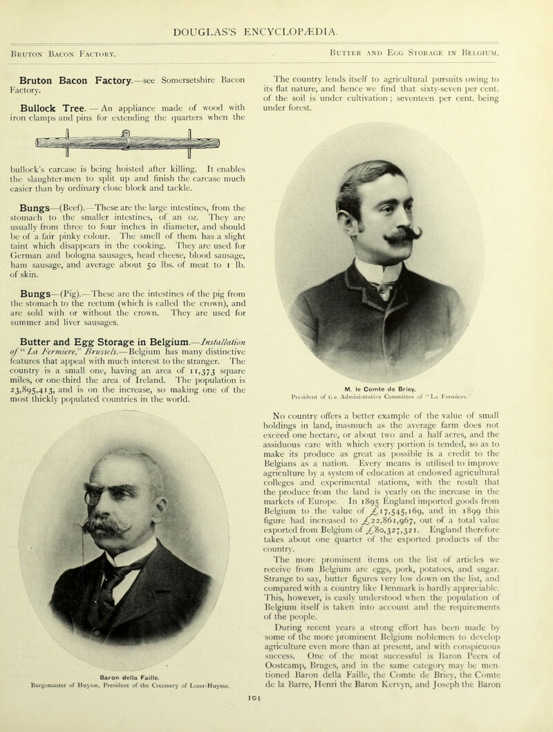 Bruton Bacon Factory. Butter and Egg Storage in Belgium. Bruton Bacon Factory.—see Somersetshire Bacon Factory. Bullock Tree. — An appliance made of wood with iron clamps and pins for extending the quarters when the bullock’s carcase is being hoisted after killing. It enables the slaughter-men to split up and finish the carcase much easier than by ordinary close block and tackle. Bungs—(Beef).—These are the large intestines, from the stomach to the smaller intestines, of an oz. They are usually from three to four inches in diameter, and should be of a fair pinky colour. The smell of them has a slight taint which disappears in the cooking. They are used for German and bologna sausages, head cheese, blood sausage, ham sausage, and average about 50 lbs. of meat to 1 lb. of skin. Bungs—(Pig)-—These are the intestines of the pig from the stomach to the rectum (which is called the crown), and are sold with or without the crown. They are used for summer and liver sausages. Butter and Egg Storage in Belgium.—Installation of “ La Fermieref Brussels.—Belgium has many distinctive features that appeal with much interest to the stranger. The country is a small one, having an area of 11,373 square miles, or one-third the area of Ireland. The population is 23,895,413, and is on the increase, so making one of the most thickly populated countries in the world. The country lends itself to agricultural pursuits owing to its flat nature, and hence we find that sixty-seven per cent, of the soil is under cultivation ; seventeen per cent, being under forest. M. le Comte de Briey. President of ti e Administrative Committee of “ La Fermiere. No country offers a better example of the value of small holdings in land, inasmuch as the average farm does not exceed one hectare, or about two and a half acres, and the assiduous care with which every portion is tended, so as to make its produce as great as possible is a credit to the Belgians as a nation. Every means is utilised to improve agriculture by a system of education at endowed agricultural colleges and experimental stations, with the result that the produce from the land is yearly on the increase in the markets of Europe. In 1895 England imported goods from Belgium to the value of ^17,545,169, and in 1899 this figure had increased to ^22,861,967, out of a total value exported from Belgium of ^80,327,321. England therefore takes about one quarter of the exported products of the country. The more prominent items on the list of articles we receive from Belgium are eggs, pork, potatoes, and sugar. Strange to say, butter figures very low down on the list, and compared with a country like Denmark is hardly appreciable. This, however, is easily understood when the population of Belgium itself is taken into account and the requirements of the people. During recent years a strong effort has been made by some of the more prominent Belgium noblemen to develop agriculture even more than at present, and with conspicuous success. One of the most successful is Baron Peers of Oostcamp, Bruges, and in the same category may be men tioned Baron della Faille, the Comte de Briey, the Comte de la Barre, Henri the Baron Kervyn, and Joseph the Baron Baron della Faille. Burgomaster of Huysse, President of the Creamery of Lozer-Huysse.