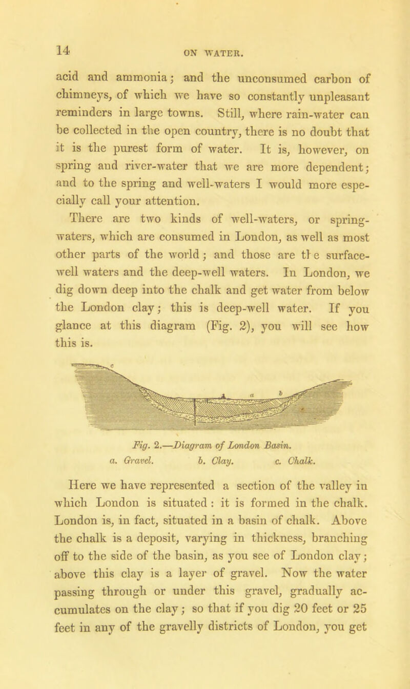 acid and ammonia j and the unconsumed carbon of chimneys, of which we have so constantly unpleasant reminders in large towns. Still, where rain-water can be collected in the open country, there is no doubt that it is the purest form of water. It is, however, on spring and river-water that we are more dependent; and to the spring and well-waters I would more espe- cially call your attention. There are two kinds of well-waters, or spring- waters, which are consumed in London, as well as most other parts of the world; and those are tl e surface- well waters and the deep-well waters. In London, we dig down deep into the chalk and get water from below the London clay; this is deep-well water. If you glance at this diagram (Fig. 3), you will see how this is. Fig. 2.—Diagram, of London Basin, a. Qravel. b. Clay. c. Chalk. Here we have represented a section of the valley in which London is situated : it is formed in the chalk, London is, in fact, situated in a basin of chalk. Above the chalk is a deposit, varying in thickness, branching off to the side of the basin, as you see of London clay; above this clay is a layer of gravel. Now the water passing through or under this gravel, gradually ac- cumulates on the clay; so that if you dig 20 feet or 25 feet in any of the gravelly districts of London, you get