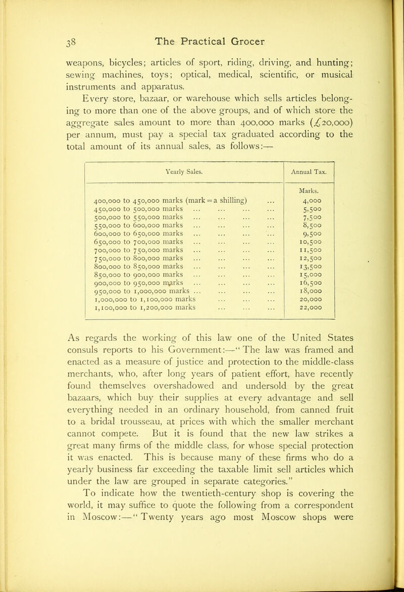 6 weapons, bicycles; articles of sport, riding, driving, and hunting; sewing machines, toys; optical, medical, scientific, or musical instruments and apparatus. Every store, bazaar, or warehouse which sells articles belong- ing to more than one of the above groups, and of which store the aggregate sales amount to more than 400,000 marks (.£20,000) per annum, must pay a special tax graduated according to the total amount of its annual sales, as follows:— Yearly Sales. Annual Tax. Marks. 400,000 to 450,000 marks (mark = a shilling) 4,000 450,000 to 500,000 marks 5.500 500,000 to 550,000 marks 7,500 550,000 to 600,000 marks 8,500 600,000 to 650,000 marks 9,500 650,000 to 700,000 marks 10,500 700,000 to 750,000 marks 11,500 750,000 to 800,000 marks 12,500 800,000 to 850,000 marks 13,500 850,000 to 900,000 marks 15,000 900,000 to 950,000 m^rks 16,500 950,000 to 1,000,000 marks ... 18,000 1,000,000 to 1,100,000 marks 20,000 1,100,000 to 1,200,000 marks 22,000 As regards the working of this law one of the United States consuls reports to his Government:—“The law was framed and enacted as a measure of justice and protection to the middle-class merchants, who, after long years of patient effort, have recently found themselves overshadowed and undersold by the great bazaars, which buy their supplies at every advantage and sell everything needed in an ordinary household, from canned fruit to a bridal trousseau, at prices with which the smaller merchant cannot compete. But it is found that the new law strikes a great many firms of the middle class, for whose special protection it was enacted. This is because many of these firms who do a yearly business far exceeding the taxable limit sell articles which under the law are grouped in separate categories.” To indicate how the twentieth-century shop is covering the world, it may suffice to quote the following from a correspondent in Moscow:—“ Twenty years ago most Moscow shops were