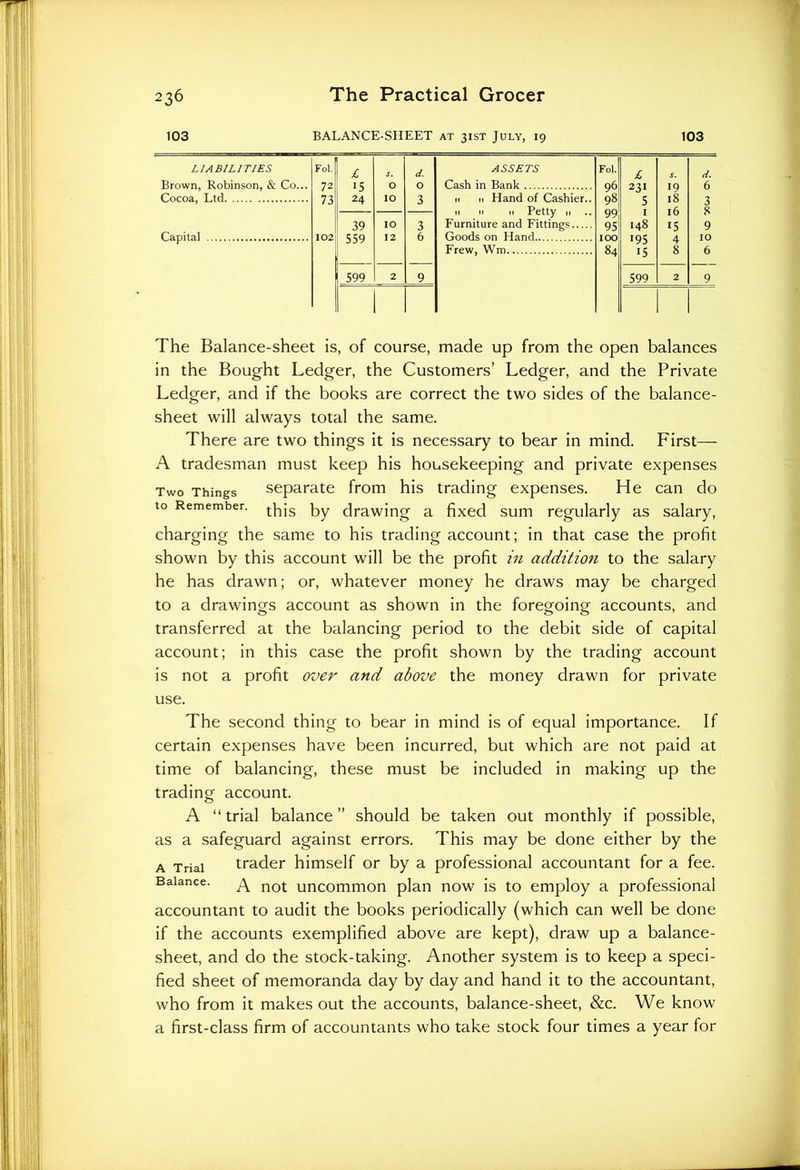 103 BALANCE-SHEET at 31ST July, 19 103 LIABILITIES Brown, Robinson, & Co... Cocoa, Ltd Capital Fol. £ S. d. ASSETS Fol. £ S. d. 72 15 O O Cash in Bank 96 231 •9 6 73 24 IO 3 n 11 Hand ol Cashier.. 98 5 18 3 11 11 11 Petty 11 99 I l6 8 39 IO 3 Furniture and Fittings 95 148 •5 9 102 559 12 6 Goods on Hand IOO •95 4 IO Frew, Wm 84 •5 8 6 599 2 9 599 2 9 The Balance-sheet is, of course, made up from the open balances in the Bought Ledger, the Customers’ Ledger, and the Private Ledger, and if the books are correct the two sides of the balance- sheet will always total the same. There are two things it is necessary to bear in mind. First— A tradesman must keep his housekeeping and private expenses Two Things separate from his trading expenses. He can do to Remember, th;s py drawing a fixed sum regularly as salary, charging the same to his trading account; in that case the profit shown by this account will be the profit in addition to the salary he has drawn; or, whatever money he draws may be charged to a drawings account as shown in the foregoing accounts, and transferred at the balancing period to the debit side of capital account; in this case the profit shown by the trading account is not a profit over and above the money drawn for private use. The second thing to bear in mind is of equal importance. If certain expenses have been incurred, but which are not paid at time of balancing, these must be included in making up the trading account. A “trial balance” should be taken out monthly if possible, as a safeguard against errors. This may be done either by the a Trial trader himself or by a professional accountant for a fee. Balance. not uncommon plan now is to employ a professional accountant to audit the books periodically (which can well be done if the accounts exemplified above are kept), draw up a balance- sheet, and do the stock-taking. Another system is to keep a speci- fied sheet of memoranda day by day and hand it to the accountant, who from it makes out the accounts, balance-sheet, &c. We know a first-class firm of accountants who take stock four times a year for