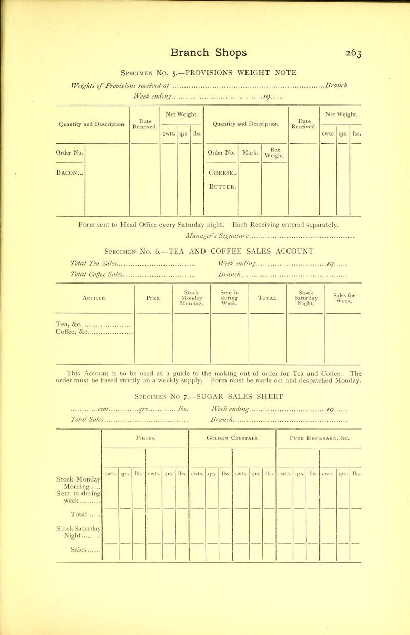 Specimen No. 5.—PROVISIONS WEIGHT NOTE Weights of Provisions received at Branch Week ending ig Quantity and Description. Date Received. Net Weight. Quantity and Description. Date Received. Net Weight. cwts. qrs. lbs. cwts. qrs. lbs. Order No. Order No. Mark. Box Weight. Bacon... Cheese.. Butter. Form sent to Head Office every Saturday night. Each Receiving entered separately. Manager’s Signature Specimen No. 6.—TEA AND COFFEE SALES ACCOUNT Total Tea Sales Week ending ig Total Coffee Sales Branch Article. Price. Stock Monday Morning. Sent in during Week. Total. Stock Saturday Night. Sales for Week. Tea, &c Coffee, &c This Account is to be used as a guide to the making out of order for Tea and Coffee. The order must be based strictly on a weekly supply. P'orm must be made out and despatched Monday. Specimen No 7.—SUGAR SALES SHEET cwt qrs lbs. Week ending ig. Total Sales Branch