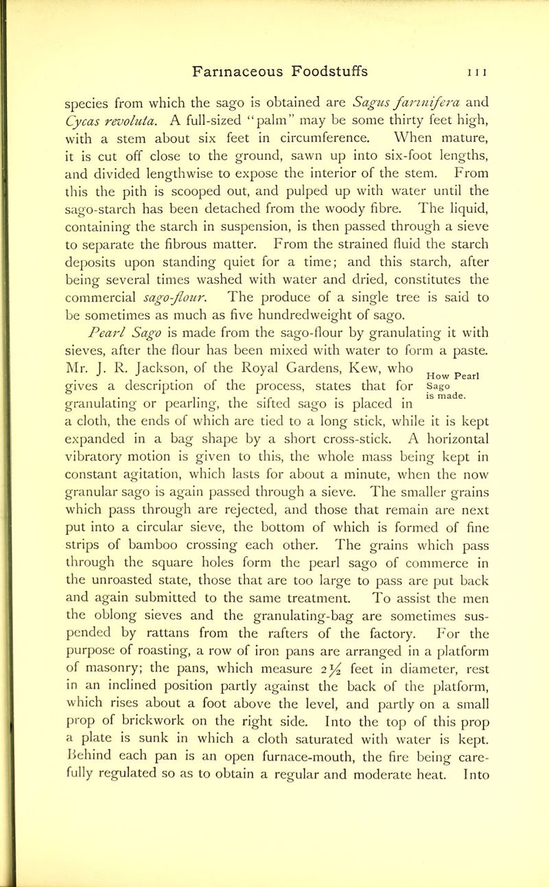 species from which the sago is obtained are Sagus farinifera and Cycas revoluta. A full-sized “palm” may be some thirty feet high, with a stem about six feet in circumference. When mature, it is cut off close to the ground, sawn up into six-foot lengths, and divided lengthwise to expose the interior of the stem. From this the pith is scooped out, and pulped up with water until the sago-starch has been detached from the woody fibre. The liquid, containing the starch in suspension, is then passed through a sieve to separate the fibrous matter. From the strained fluid the starch deposits upon standing quiet for a time; and this starch, after being several times washed with water and dried, constitutes the commercial sago-jlour. The produce of a single tree is said to be sometimes as much as five hundredweight of sago. Pearl Sago is made from the sago-flour by granulating it with sieves, after the flour has been mixed with water to form a paste. Mr. |. R. fackson, of the Royal Gardens, Kew, who ^ How Pearl gives a description of the process, states that for sago granulating or pearling, the sifted sago is placed in a cloth, the ends of which are tied to a long stick, while it is kept expanded in a bag shape by a short cross-stick. A horizontal vibratory motion is given to this, the whole mass being kept in constant agitation, which lasts for about a minute, when the now granular sago is again passed through a sieve. The smaller grains which pass through are rejected, and those that remain are next put into a circular sieve, the bottom of which is formed of fine strips of bamboo crossing each other. The grains which pass through the square holes form the pearl sago of commerce in the unroasted state, those that are too large to pass are put back and again submitted to the same treatment. To assist the men the oblong sieves and the granulating-bag are sometimes sus- pended by rattans from the rafters of the factory. For the purpose of roasting, a row of iron pans are arranged in a platform of masonry; the pans, which measure 2^ feet in diameter, rest in an inclined position partly against the back of the platform, which rises about a foot above the level, and partly on a small prop of brickwork on the right side. Into the top of this prop a plate is sunk in which a cloth saturated with water is kept. Behind each pan is an open furnace-mouth, the fire being care- fully regulated so as to obtain a regular and moderate heat. Into
