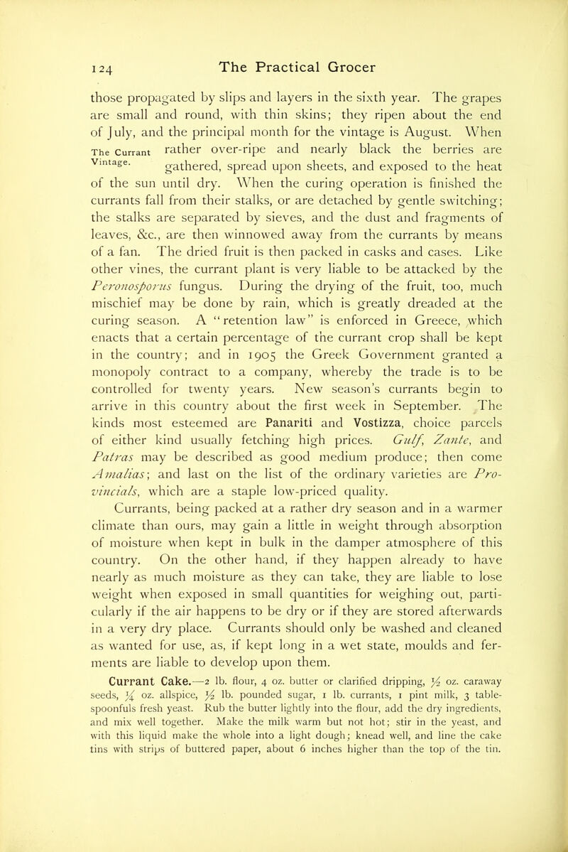 those propagated by slips and layers in the sixth year. The grapes are small and round, with thin skins; they ripen about the end of July, and the principal month for the vintage is August. When The Currant rather over-ripe and nearly black the berries are Vintage. gathered, spread upon sheets, and exposed to the heat of the sun until dry. When the curing operation is finished the currants fall from their stalks, or are detached by gentle switching; the stalks are separated by sieves, and the dust and fragments of leaves, &c., are then winnowed away from the currants by means of a fan. The dried fruit is then packed in casks and cases. Like other vines, the currant plant is very liable to be attacked by the Peronosporus fungus. During the drying of the fruit, too, much mischief may be done by rain, which is greatly dreaded at the curing season. A “retention law” is enforced in Greece, which enacts that a certain percentage of the currant crop shall be kept in the country; and in 1905 the Greek Government granted a monopoly contract to a company, whereby the trade is to be controlled for twenty years. New season’s currants begin to arrive in this country about the first week in September. The kinds most esteemed are Panariti and Vostizza, choice parcels of either kind usually fetching high prices. Gulf, Zante, and Patras may be described as good medium produce; then come Amalias-, and last on the list of the ordinary varieties are Pro- vincials, which are a staple low-priced quality. Currants, being packed at a rather dry season and in a warmer climate than ours, may gain a little in weight through absorption of moisture when kept in bulk in the damper atmosphere of this country. On the other hand, if they happen already to have nearly as much moisture as they can take, they are liable to lose weight when exposed in small quantities for weighing out, parti- cularly if the air happens to be dry or if they are stored afterwards in a very dry place. Currants should only be washed and cleaned as wanted for use, as, if kept long in a wet state, moulds and fer- ments are liable to develop upon them. Currant Cake.—2 lb. flour, 4 oz. butter or clarified dripping, fz oz. caraway seeds, oz. allspice, lb. pounded sugar, i lb. currants, i pint milk, 3 table- spoonfuls fresh yeast. Rub the butter lightly into the flour, add the dry ingredients, and mix well together. Make the milk warm but not hot; stir in the yeast, and with this liquid make the whole into a light dough; knead well, and line the cake tins with strips of buttered paper, about 6 inches higher than the top of the tin.