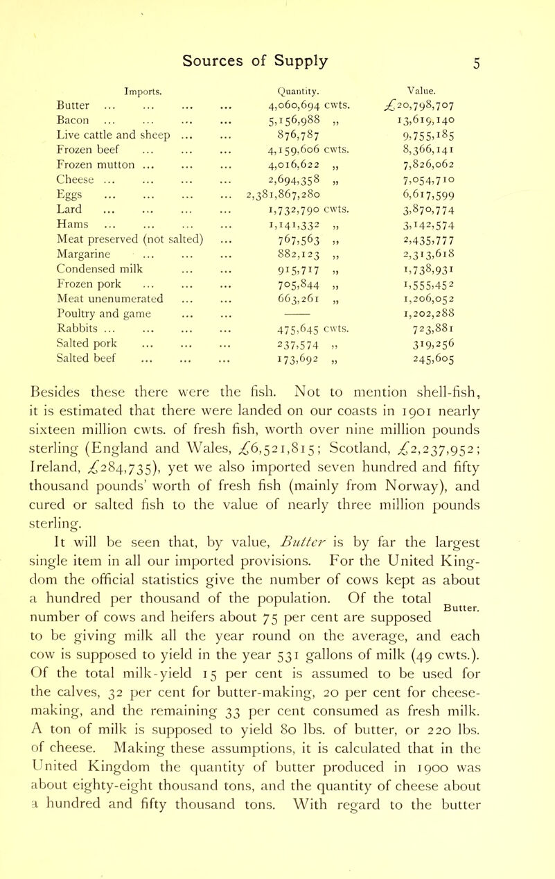 Imports. Quantity. Value. Batter ... 4,060,694 cwts. £(20,798,707 Bacon 5,156,988 „ 13,619,140 Live cattle and sheep ... 876,787 9,755,I85 Frozen beef 4,159,606 cwts. 8,366,141 Frozen mutton ... ... 4,016,622 ,, 7,826,062 Cheese ... 2,694,358 „ 7,°54,710 Eggs ... 2,381,867,280 6,617,599 Lard ... 1,732,790 cwts. 3,870,774 Hams 1,141,332 „ 3,J42,574 Meat preserved (not salted) 767,563 „ 2,435,777 Margarine 882,123 „ 2,3i3,6i8 Condensed milk 915,717 „ L738,93i Frozen pork 705,844 „ i,555,452 Meat unenumerated 663,261 „ 1,206,052 Poultry and game 1,202,288 Rabbits ... 475,645 cwts. 723,881 Salted pork 237,574 „ 319,2 56 Salted beef 173,692 „ 245,605 Besides these there were the fish. Not to mention shell-fish, it is estimated that there were landed on our coasts in 1901 nearly sixteen million cwts. of fresh fish, worth over nine million pounds sterling (England and Wales, ,£6,521,815; Scotland, £2,237,952; Ireland, £284,735), Yet we a^so imported seven hundred and fifty thousand pounds’ worth of fresh fish (mainly from Norway), and cured or salted fish to the value of nearly three million pounds sterling. It will be seen that, by value, Butter is by far the largest single item in all our imported provisions. For the United King- dom the official statistics give the number of cows kept as about a hundred per thousand of the population. Of the total number of cows and heifers about 75 per cent are supposed to be giving milk all the year round on the average, and each cow is supposed to yield in the year 531 gallons of milk (49 cwts.). Of the total milk-yield 15 per cent is assumed to be used for the calves, 32 per cent for butter-making, 20 per cent for cheese- making, and the remaining 33 per cent consumed as fresh milk. A ton of milk is supposed to yield 80 lbs. of butter, or 220 lbs. of cheese. Making these assumptions, it is calculated that in the United Kingdom the quantity of butter produced in 1900 was about eighty-eight thousand tons, and the quantity of cheese about a hundred and fifty thousand tons. With regard to the butter