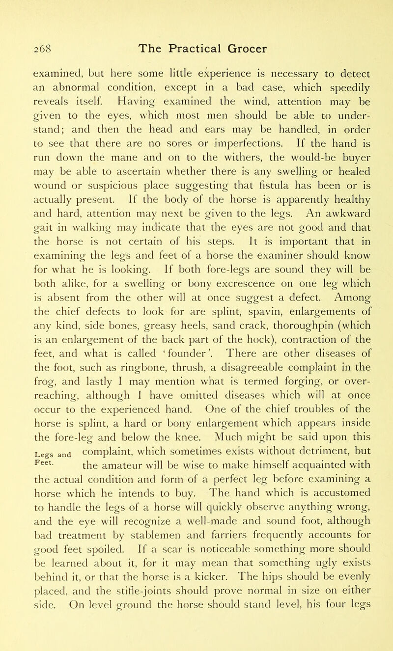 examined, but here some little experience is necessary to detect an abnormal condition, except in a bad case, which speedily reveals itself. Having examined the wind, attention may be given to the eyes, which most men should be able to under- stand; and then the head and ears may be handled, in order to see that there are no sores or imperfections. If the hand is run down the mane and on to the withers, the would-be buyer may be able to ascertain whether there is any swelling or healed wound or suspicious place suggesting that fistula has been or is actually present. If the body of the horse is apparently healthy and hard, attention may next be given to the legs. An awkward gait in walking may indicate that the eyes are not good and that the horse is not certain of his steps. It is important that in examining the legs and feet of a horse the examiner should know for what he is looking. If both fore-legs are sound they will be both alike, for a swelling or bony excrescence on one leg which is absent from the other will at once suggest a defect. Among the chief defects to look for are splint, spavin, enlargements of any kind, side bones, greasy heels, sand crack, thoroughpin (which is an enlargement of the back part of the hock), contraction of the feet, and what is called ‘ founder ’. There are other diseases of the foot, such as ringbone, thrush, a disagreeable complaint in the frog, and lastly I may mention what is termed forging, or over- reaching, although I have omitted diseases which will at once occur to the experienced hand. One of the chief troubles of the horse is splint, a hard or bony enlargement which appears inside the fore-leg and below the knee. Much might be said upon this Legs and complaint, which sometimes exists without detriment, but Feet- the amateur will be wise to make himself acquainted with the actual condition and form of a perfect leg before examining a horse which he intends to buy. The hand which is accustomed to handle the legs of a horse will quickly observe anything wrong, and the eye will recognize a well-made and sound foot, although bad treatment by stablemen and farriers frequently accounts for good feet spoiled. If a scar is noticeable something more should be learned about it, for it may mean that something ugly exists behind it, or that the horse is a kicker. The hips should be evenly placed, and the stifle-joints should prove normal in size on either side. On level ground the horse should stand level, his four legs