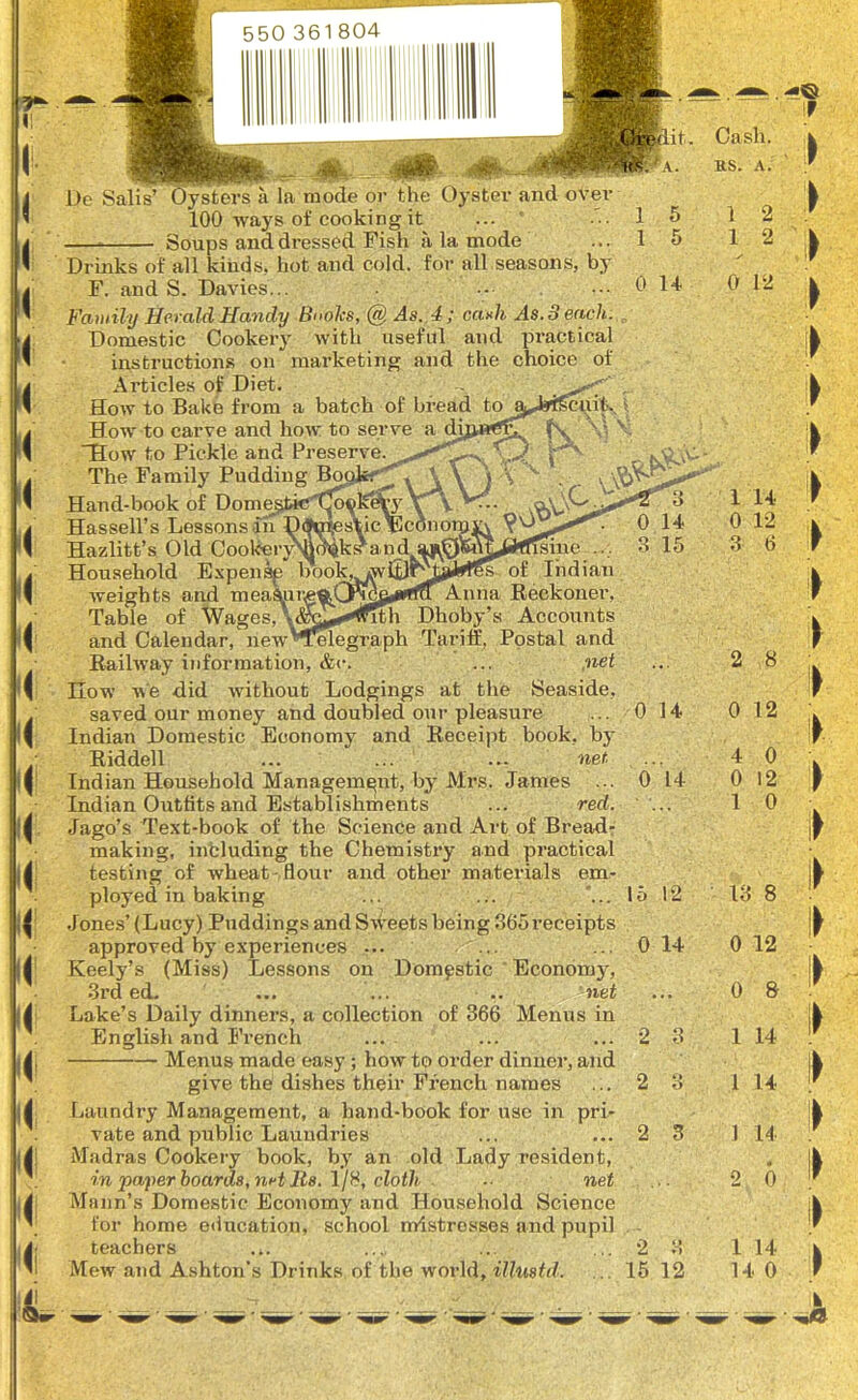 ?**- I! K ir Cash, as. a. \A> L De Salis’ Oysters a la mode or the Oyster and over- 100 ways of cooking it ... ' Soups and dressed Fish a la mode Drinks of all kinds, hot and cold, for all seasons, by F. and S. Davies... Family Herald Handy Bnolcs, @ As. 4; cash As. 3 each. Domestic Cookery with useful and practical instructions on marketing and the choice of Articles of Diet. How to Bake from a batch of bread toa^JrtSciiit.. How to carve and how to serve a dj^n^T f\ V< Si How to Pickle and Preserve^<^C^ The Family Pudding Boote'^ » \ \ ) V Hand-book of DomejUacT^eKefry V V V.. ^ Hassell’s Lessons an D(»mes\ic ylcono Hazlitt’s Old CooterjAflchjksfa.nd. WJ^Wlsine .. Household Expens^ Irook^^iBrj^t^si of Indian weights and meaSar^o.Cncftj^tfr Anna Reckoner, Table of Wages,\<$e^*^nth Dhoby’s Accounts and Calendar, new’’Telegraph Tariff, Postal and Railway information, &e. ... net How we did without Lodgings at the Seaside, saved our money and doubled our pleasure Indian Domestic Economy and Receipt book, by Riddell ... ... ... net James ... red. Jago’s Text-book of the Science and Art of Bread- making, including the Chemistry and practical testing of wheat flour and other materials em- ployed in baking Jones’(Lucy) Puddings and Sweets being 365 receipts approved by experiences ... Keely’s (Miss) Lessons on Domestic Economy, 3rd ed. ... ... .. net Lake’s Daily dinners, a collection of 366 Menus in English and French Menus made easy ; how to order dinner, and give the dishes their French names Laundry Management, a hand-book for use in pri- vate and public Laundries Madras Cookery book, by an old Lady resident, in 'payer boards, nst Its. 1/3, cloth, ■■ net Mann’s Domestic Economy and Household Science for home education, school mistresses and pupil teachers ... Mew and Ashton's Drinks of the world, illustd. 5 5 0 1+ 0 Indian Household Management, by Mrs. Indian Outfits and Establishments 2 15 12 1 1 2 2 0 12 2 8 ► > i > > 1 u 1 0 12 . 3 6 r I > ) > \ > > > > > > > 0 u 0 12 ' 4 0 0 14 0 12 1 0 1 5 12 13 8 ! 0 14 0 12 1 ... 0 8 2 3 1 14 1 2 3 114 1; 2 3 1 14 !' 2 0 1 14 14 0