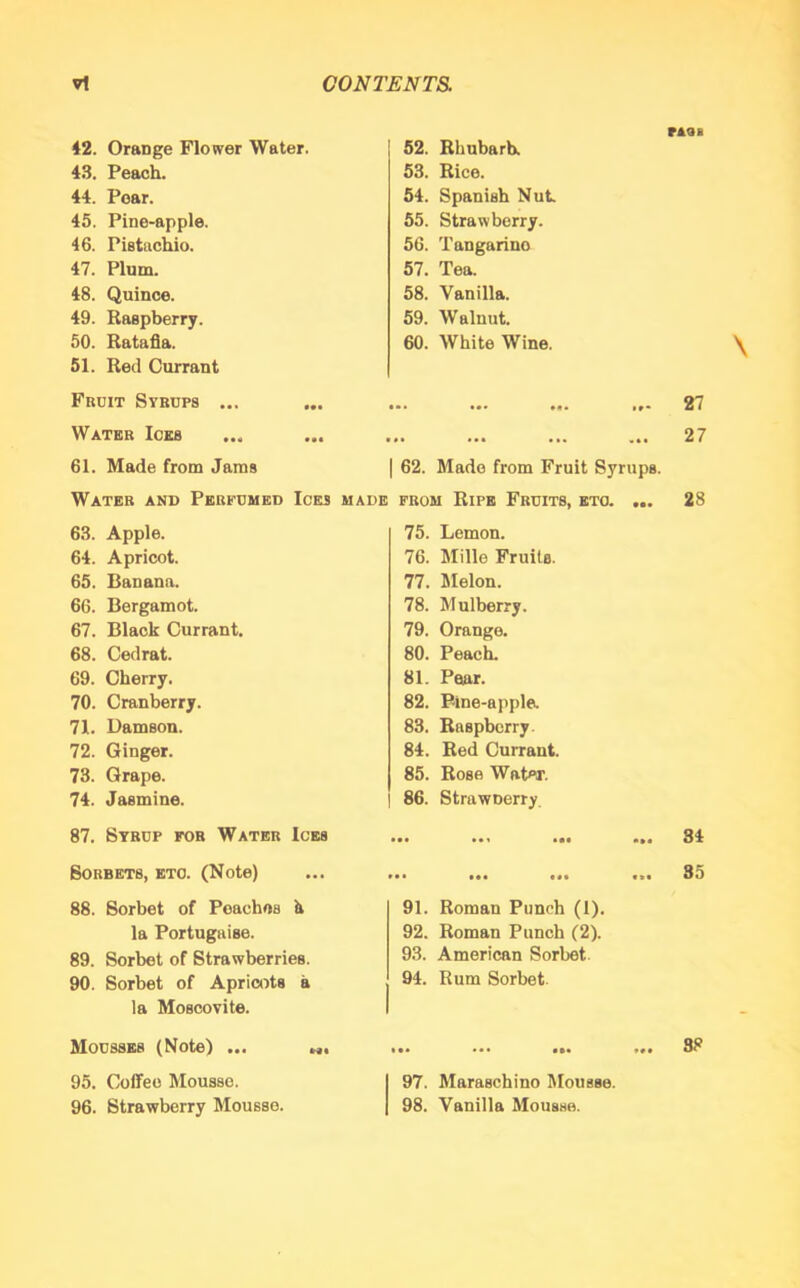 42. Orange Flower Water. 43. Peach. 44. Pear. 45. Pine-apple. 46. Pistachio. 47. Plum. 48. Quince. 49. Raspberry. 50. Ratafia. 51. Red Currant Fruit Syrups ... Water Ices 61. Made from Jams Water and Perfumed Ices made PA9B 52. Rhubarb. 53. Rice. 54. Spanish Nut 55. Strawberry. 56. Tangarino 57. Tea. 58. Vanilla. 59. Walnut. 60. White Wine. 27 27 | 62. Made from Fruit Syrups. from Ripe Fruits, etc. ... 28 \ 63. Apple. 64. Apricot. 65. Banana. 66. Bergamot. 67. Black Currant. 68. Cedrat. 69. Cherry. 70. Cranberry. 71. Damson. 72. Ginger. 73. Grape. 74. Jasmine. 87. Syrup for Water Ices Sorbets, etc. (Note) 88. Sorbet of Poaches h la Portugaise. 89. Sorbet of Strawberries. 90. Sorbet of Apricots a la Moscovite. Mousses (Note) ... N« 95. Coffee Mousse. 96. Strawberry Mousse. 75. Lemon. 76. Mi lie Fruits. 77. Melon. 78. Mulberry. 79. Orange. 80. Peach. 81. Pear. 82. Pine-apple. 83. Raspberry . 84. Red Currant. 85. Rose Water. 86. StrawDerry .. ... ... ... 34 . ... ... ... 35 91. Roman Punch (1). 92. Roman Punch (2). 93. American Sorbet. 94. Rum Sorbet. ». ... ... ... 38 97. Maraschino Mousse. 98. Vanilla Mousse.
