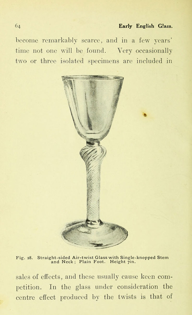 become remarkably scarce, and in a few years’ time not one will be found. Very occasionally two or three isolated specimens are included in * Fig. 28. Straight-sided Air-twist Glass with Single-knopped Stem and Neck; Plain Foot. Height 7m. sales of effects, and these usually cause keen com- petition. In the glass under consideration the centre effect produced by the twists is that of