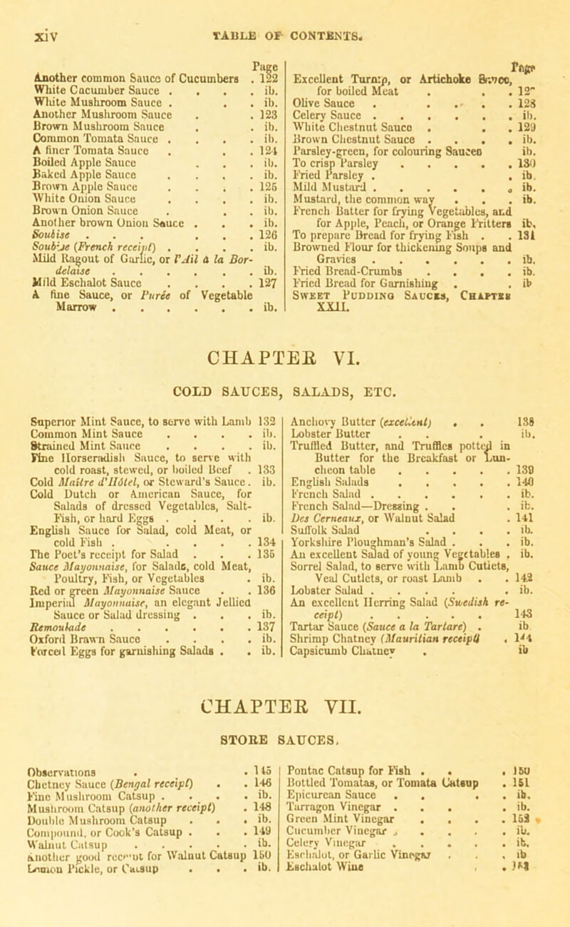 Another common Sauce of Cucumbers White Cacmuber Sauce . . Wliite Mushroom Sauce . Another Mushroom Sauce Brown Mushroom Sauce Common Tomata Sauce . A finer Tomata Sauce Boiled Apple Sauce Baked Apple Sauce Brown Apple Sauce White Onion Sauce Brown Onion Sauce Another brown Onion Sauce Souhise Soub:je (French receipt) . Mild Ragout of Garlic, or TAil a la Bor- delatse Mild Eschalot Sauce A fine Sauce, or Puree of Vegetable Marrow 55S e 12 ib. ib. 123 ib. ib. 124 ib. ib. 125 ib. ib. ib. 126 ib. ib. 127 ib. Pnge Excellent Turn:p, or Artichoke Br.noo, for boiled Meat . . . 12” Olive Sauce . 128 Celery Sauce ib. White Chestnut Sauco . . . 129 Brown Chestnut Sauce .... ib. l’arsley-green, for colouring Sauceo ib. To crisp l’arsley 130 Fried Parsley . . ib. Mild Mustard ib. Mustard, the common way . . . ib. French Batter for frying Vegetables, ar.d for Apple, Peach, or Orange Fritters ib. To prepare Bread for frying Fish . . 131 Browned Flour for thickening Soups and Gravies ib. Fried Bread-Crumbs . . . . ib. Fried Bread for Garnishing . . ib Sweet Pudding Sauces, Chaptxii XXII. CHAPTER VI. COLD SAUCES, SALADS, ETC. Superior Mint Sauce, to serve with Lamb 132 Common Mint Sauce .... ib. Strained Mint Sauce . . . . ib. Fine Horseradish Sauce, to sene with cold roast, stewed, or boiled Beef . 133 Cold MaUrc d’lldtel, or Steward’s Sauce. ib. Cold Dutch or American Sauce, for Salads of dressed Vegetables, Salt- Fish, or hard Eggs . . . . ib. English Sauce for Salad, cold Meat, or cold Fish . .... 134 The Poet’s receipt for Salad . . .135 Sauce Mayonnaise, for Salads, cold Meat, Poultry, Fish, or Vegetables . ib. Red or green Mayonnaise Sauce . . 136 Imperiiu Mayonnaise, an elegant Jellied Sauce or Salad dressing . . . ib. Remoulade 137 Oxford Brawn Sauce . . . . ib. Forced Eggs for garnishing Salads . . ib. Anchovy Butter (excellent) . Lobster Butter Truffled Butter, and Truffles potted in Butter for the Breakfast or Lun- cheon table English Salads French Salad French Salad—Dressing . lies Cerneaux, or Walnut Salad Suffolk Salad . . . Yorksliire Ploughman’s Salad . An excellent Salad of young Vegetables . Sorrel Salad, to sen e with Lamb Cutlets, Veal Cutlets, or roast Lamb Lobster Salad .... An excellent Herring Salad (Swedish re- ceipt) Tartar Sauce (Sauce a la Tartars) . Shrimp Chatney (Mauritian receipt'i , Capsicumb Chatney 138 ib. 130 140 ib. ib. 141 ib. ib. ib. 142 ib. 143 ib Vi ib CHAPTER VII. STORE SAUCES, Observations . .145 Cbctney Sauce (Bengal receipt) . . 146 Fine Mushroom Catsup . . . . ib. Mushroom Catsup (another receipt) . 148 Double Mushroom Catsup . . . ib. Compound, or Cook’s Catsup . . . 149 Walnut Catsup ib- Another good recent for Walnut Catsup 150 Lennon Pickle, or Catsup . . . ib. Poutac Catsup for Fish . . , 15U Bottled Tomatas, or Tomata Catsup . 151 Epicurean Sauce . . . ib. Tarragon Vinegar ... . ib. Green Mint Vinegar .... 152 * Cucumber Vinegar s . ib. Celery Vinegar ..... ib. Eschalot, or Garlic Vinegar . . , ib Eschalot Wine .