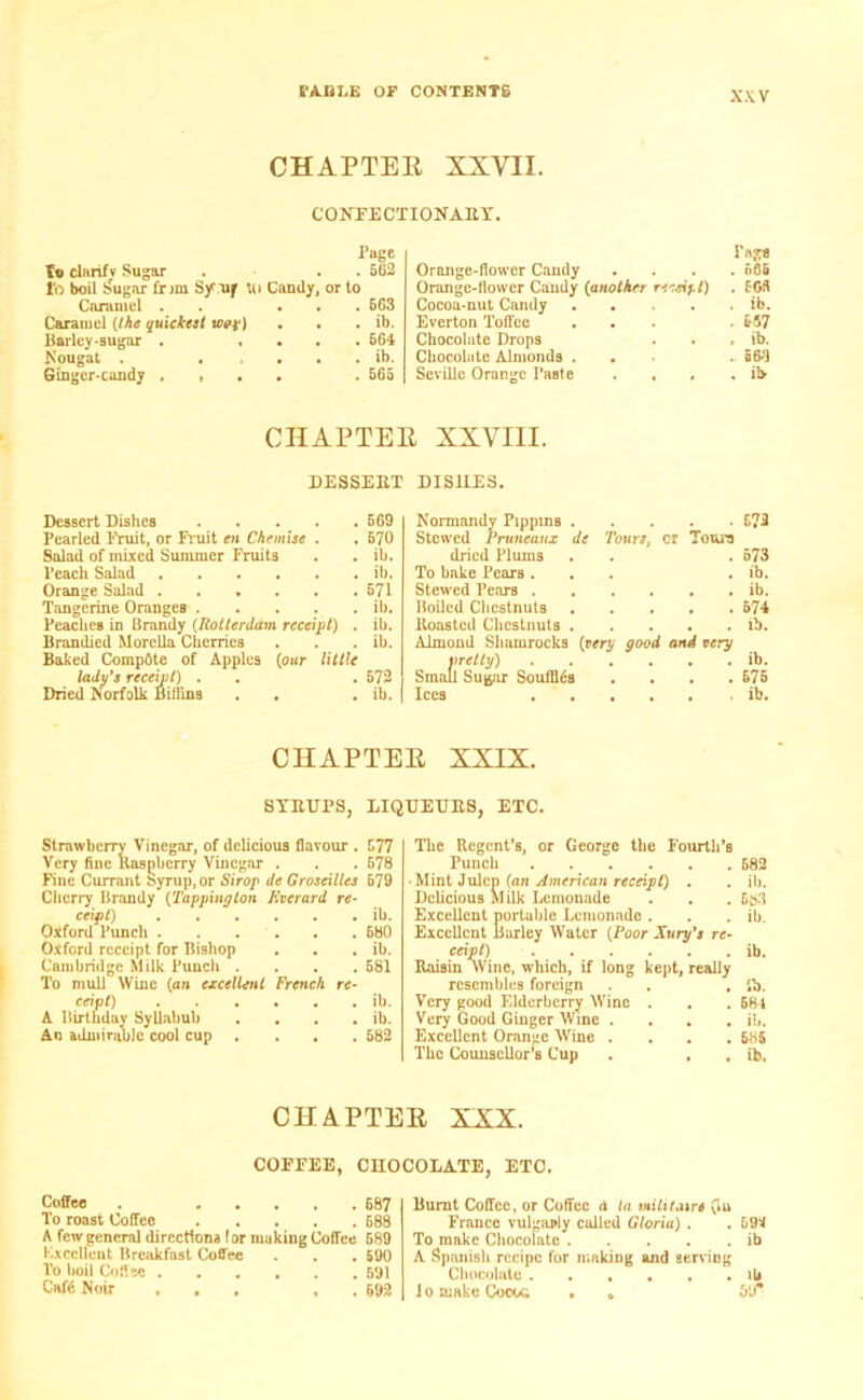 CHAPTEIl XXVII. CONFECTIONAET. Page to clarify Sugar . . 562 to boil Sugar fr mi Sy uf id Candy, or to Caramel . ... 563 Caramel (the quickest ioaf) . . . ib. Barley-sugar . .... 564 Nougat . ..... ib. Ginger-candy . , . . 565 Orange-flower Candy Orange-flower Candy (another rectipi) Cocoa-nut Candy .... Everton Toffee . . Chocolate Drops Chocolate Almonds . Seville Orange Paste . , . Pag* . 565 . 566 . ib. . 557 , ib. . 561 . ib CHAPTER XXVIII. DESSEET DISIIES. Dessert Dishes 669 Pearled fruit, or Fruit en Chemise . . 570 Salad of mixed Summer Fruits . . ib. Peach Salad ib. Orange Salad 571 Tangerine Oranges ib. Peaches in Brandy (Rotterdam receipt) . ib. Brandied Morelia Cherries . . . ib. Baked Compflte of Apples (our little lady’s receipt) . . . 572 Dried Norfolk Biffins . . . ib. de Tours, or Tours Normandy Pippins Stewed Pruneaux dried Plums To bake Pears ... Stewed Pears Boiled Chestnuts Boasted Chestnuts Almond Shamrocks (very good and eery pretty) Small Sugar Souffles .... Ices 573 573 ib. ib. 574 ib. ib. 675 ib. CHAPTER XXIX. SYEUPS, LIQIJEUES, ETC. Strawberry Vinegar, of delicious flavour . 577 Very fine Raspberry Vinegar . . . 578 Fine Currant Syrup, or Sirop de Groseilles 679 Cherry Brandy (Tapping ton ceipt) Oxford Punch . Oxford receipt for Bishop Cambridge Milk Punch . To mull Wine (an excellent ceipt) A Birthday Syllabub . Ao admirable cool cup . verard re- trench ib. 680 ib. 581 ib. ib. 582 The Regent’s, or George the Fourth’s Punch Mint Julep (an American receipt) . Delicious Milk Lemonade Excellent portable Lemonade . Excellent Barley Water (Poor Xury’s re ceipt) Raisin Wine, which, if long kept, really resembles foreign Very good Elderberry Wine . . Very Good Ginger Wine . . . Excellent Orange Wine . The Counsellor’s Cup 582 ib. 5S3 ib. ib. ib. 581 ib. 685 ib. CHAPTER XXX. COEFEE, CHOCOLATE, ETC. Coffee . ..... 687 To roast Coffee 588 A few general directions lor making Coffee 589 Excellent Breakfast Coffee . . . 590 To boil Coffee 591 Cafe Noir ... . . 592 Burnt Coffee, or Coffee 4 la mililatre (la trance vulgaply called Gloria) . . 59* To make Chocolate ib A Spanish recipe for making and serving Chocolate >U Jo make Coco*; • * 5lT